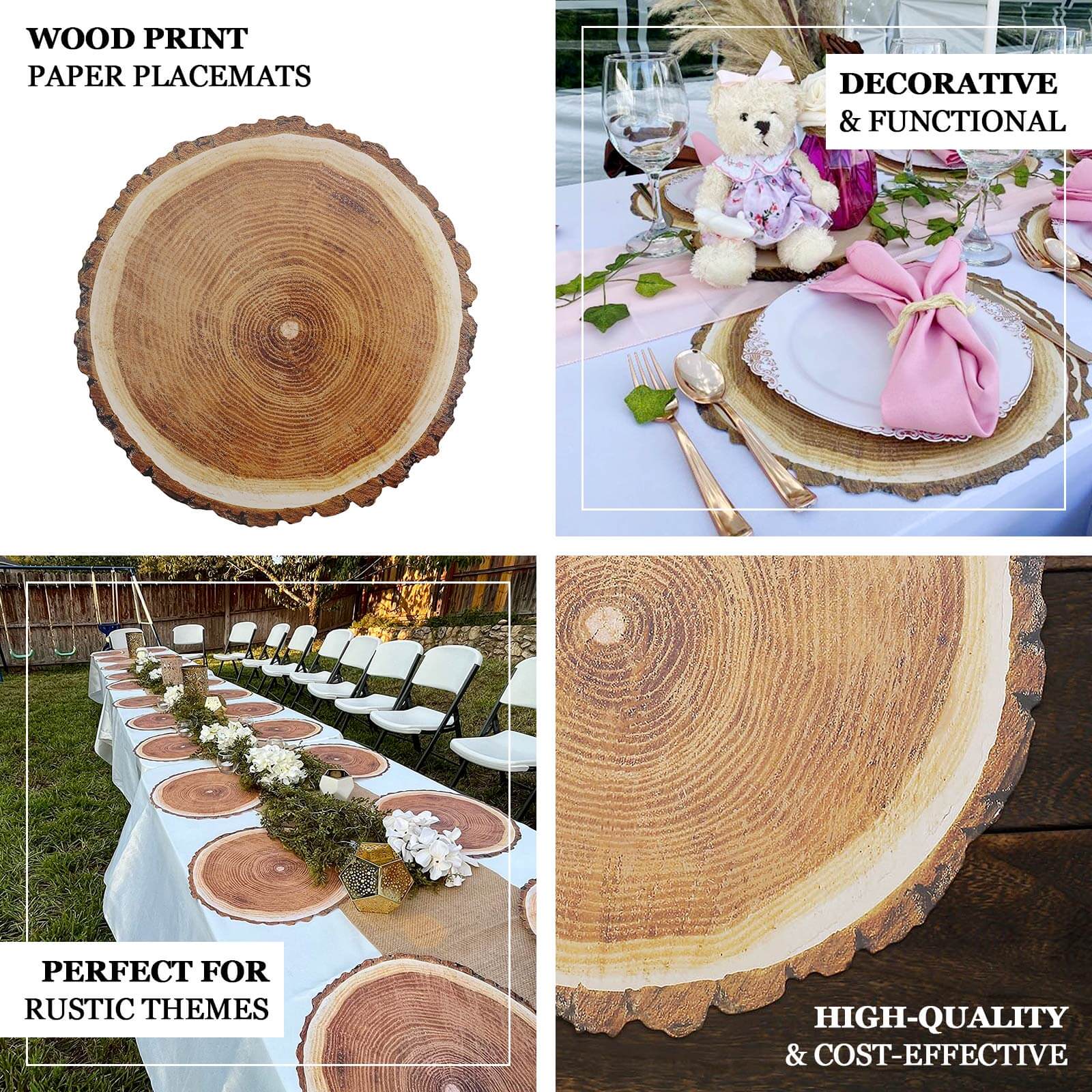 6-Pack Premium Disposable Round Cardboard Placemats with Natural Wood Slice Print, 13" Diameter