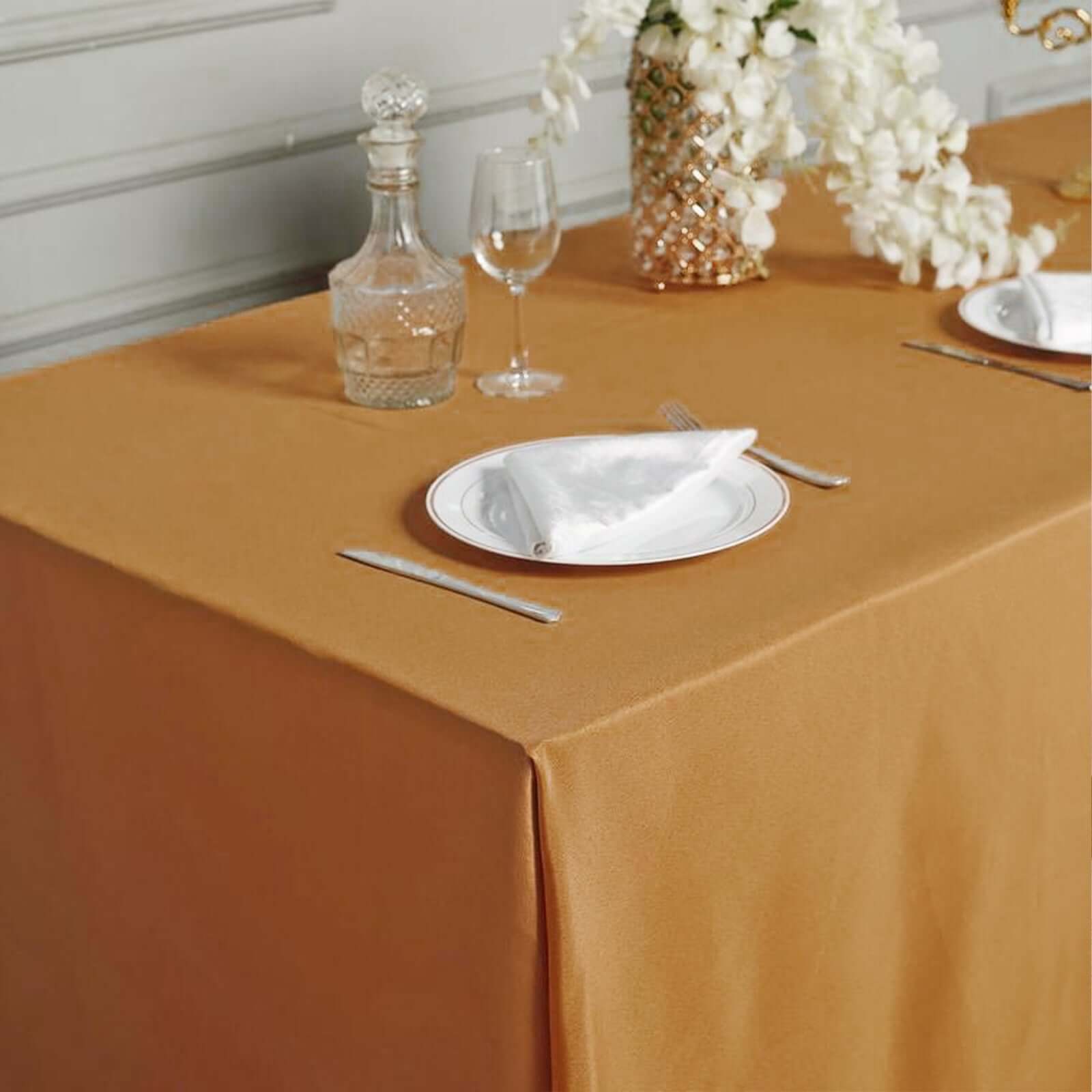 Exclusive Gold Polyester 90x132 Rectangle Tablecloth - Seamless & Wrinkle-Resistant for Luxurious Celebrations