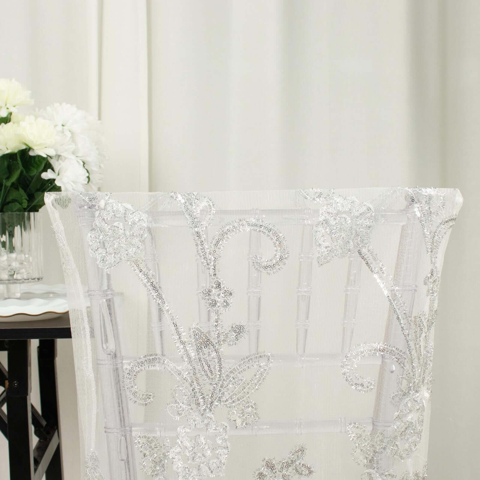 White Organza Chiavari Chair Slipcover with Floral Sequin Embroidery - Ideal for Weddings