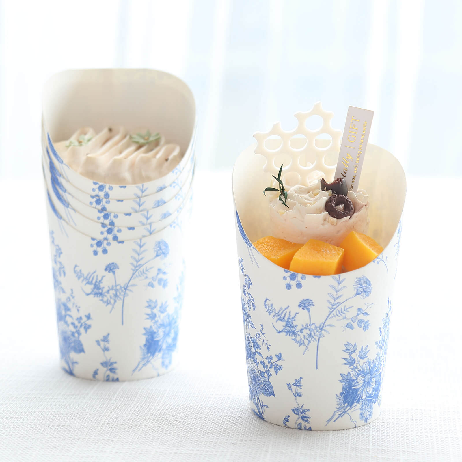 Get 50-Pack 14oz Paper Popcorn Box Cone Cups with French Toile Floral in White & Blue for Snacks