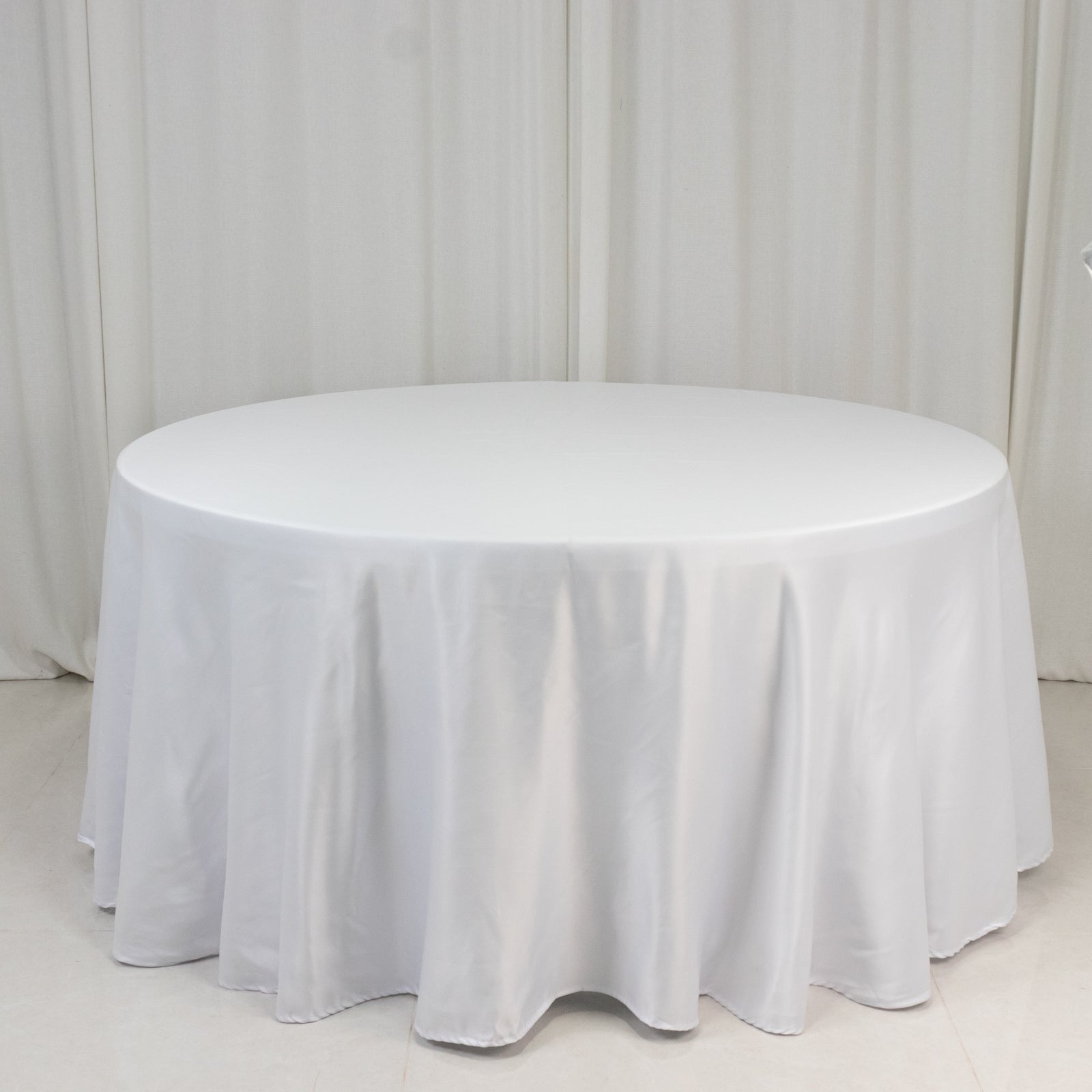 Exclusive White Lamour Satin 120" Round Tablecloth for Upscale Events