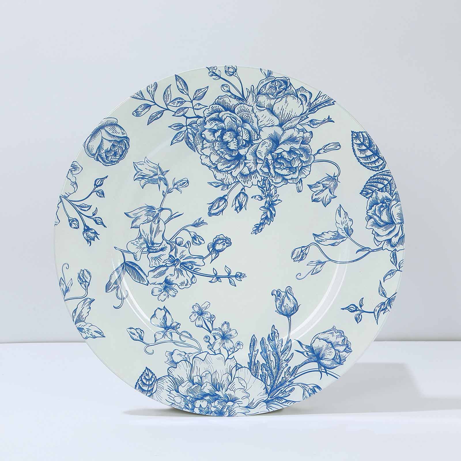 Hot Sale! 6-Piece Set of 13-Inch White Acrylic Round Charger Plates with Light Blue French Toile Floral Pattern for Dinner Parties