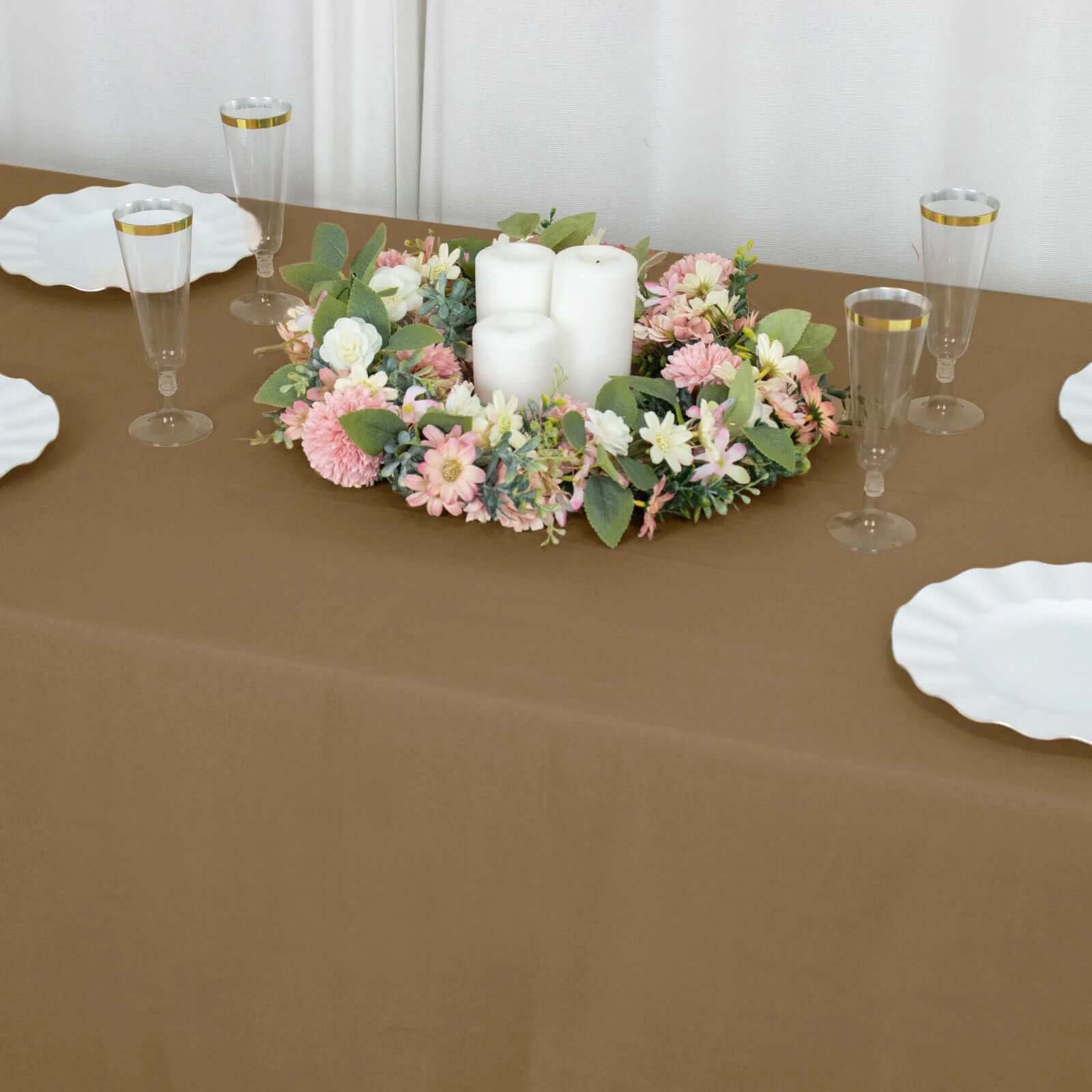 Get This Seamless, Wrinkle-Resistant 90x132 Polyester Rectangle Taupe Tablecloth Now!