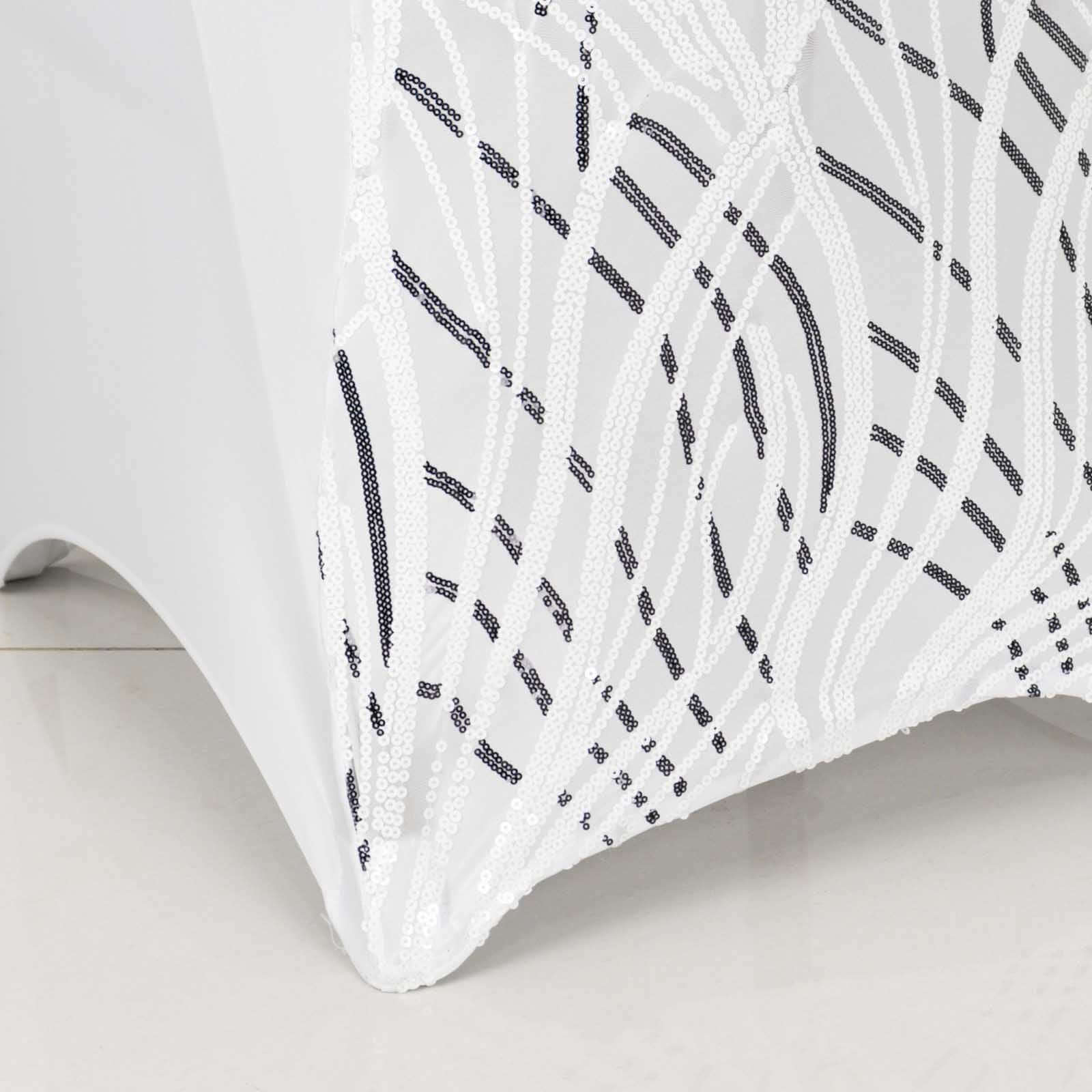 Luxe Glittering Stretch Fitted Slipcover - Spandex Banquet Chair Cover with Wave - Embroidered Sequins in White/Black