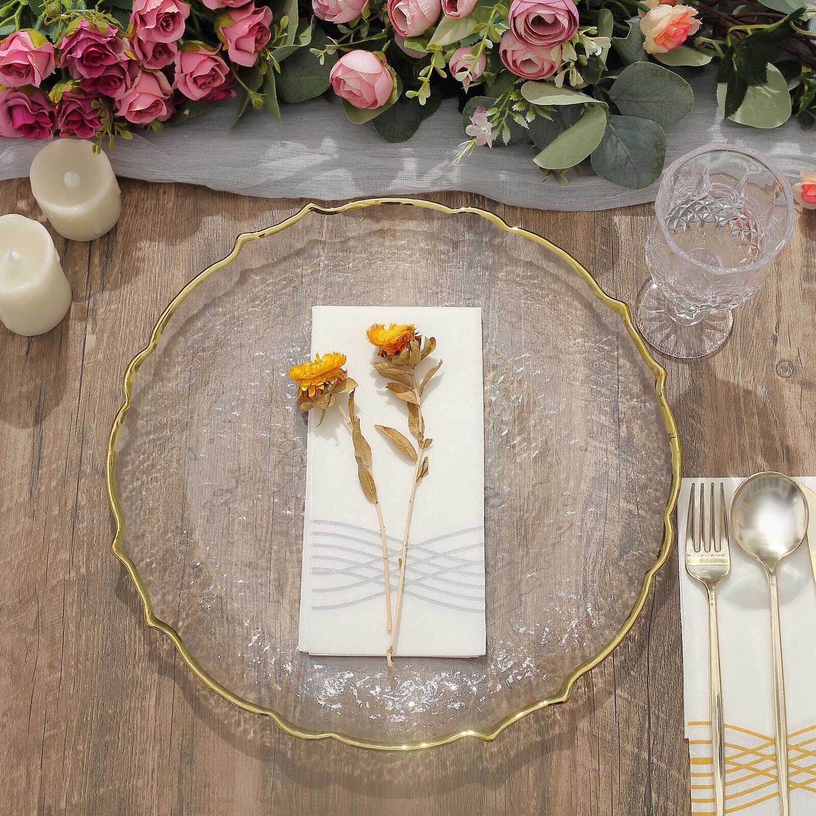8-Piece Set of 13-Inch Clear Glass Charger Plates with Gold Sunflower Scalloped Edges