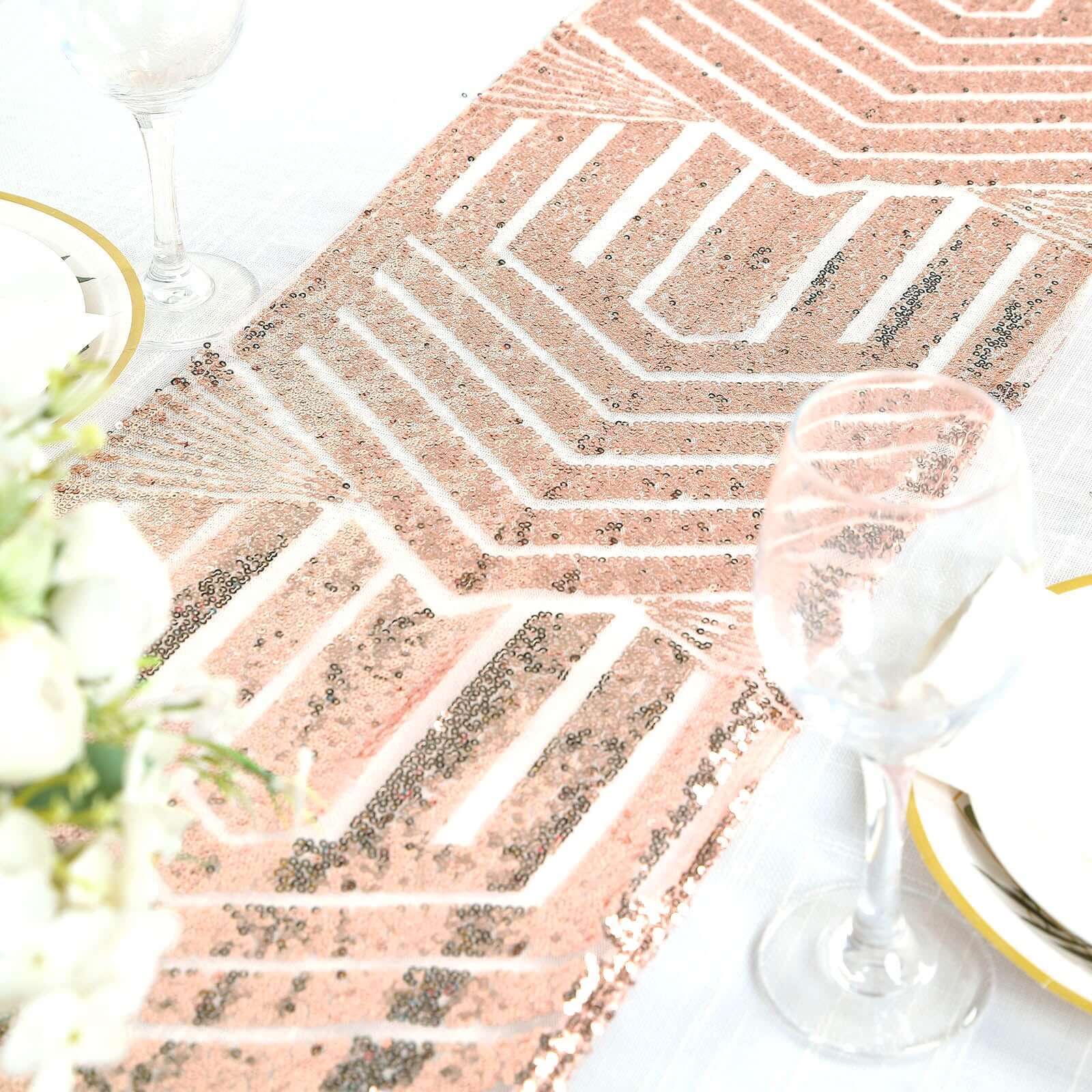 Hot! Rose Gold Sequin 12x108 Table Runner with Diamond Glitz