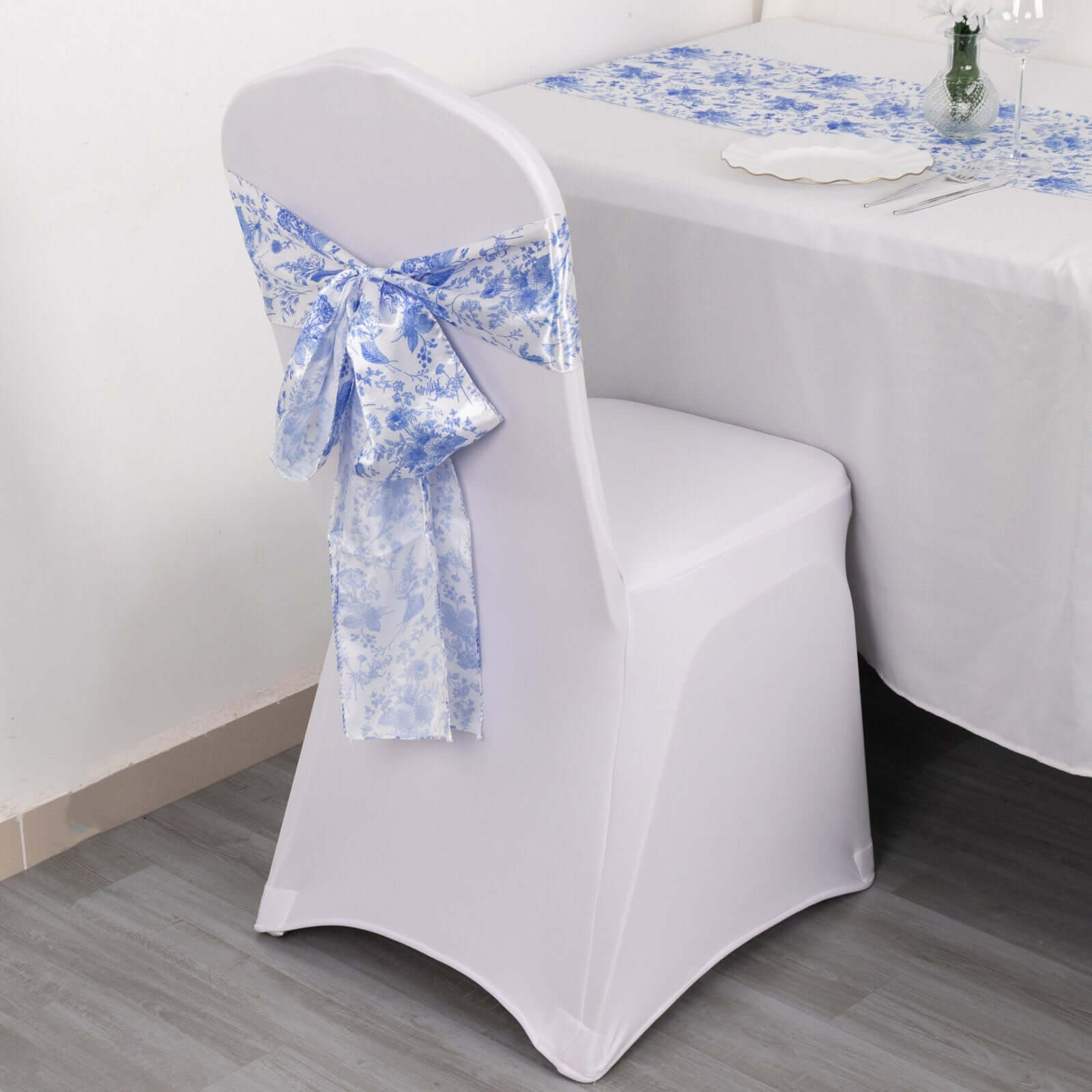 Special Offer! 5-Piece Set of Wrinkle-Resistant, Reusable Satin Chair Sashes in White/Blue French Toile Floral Design