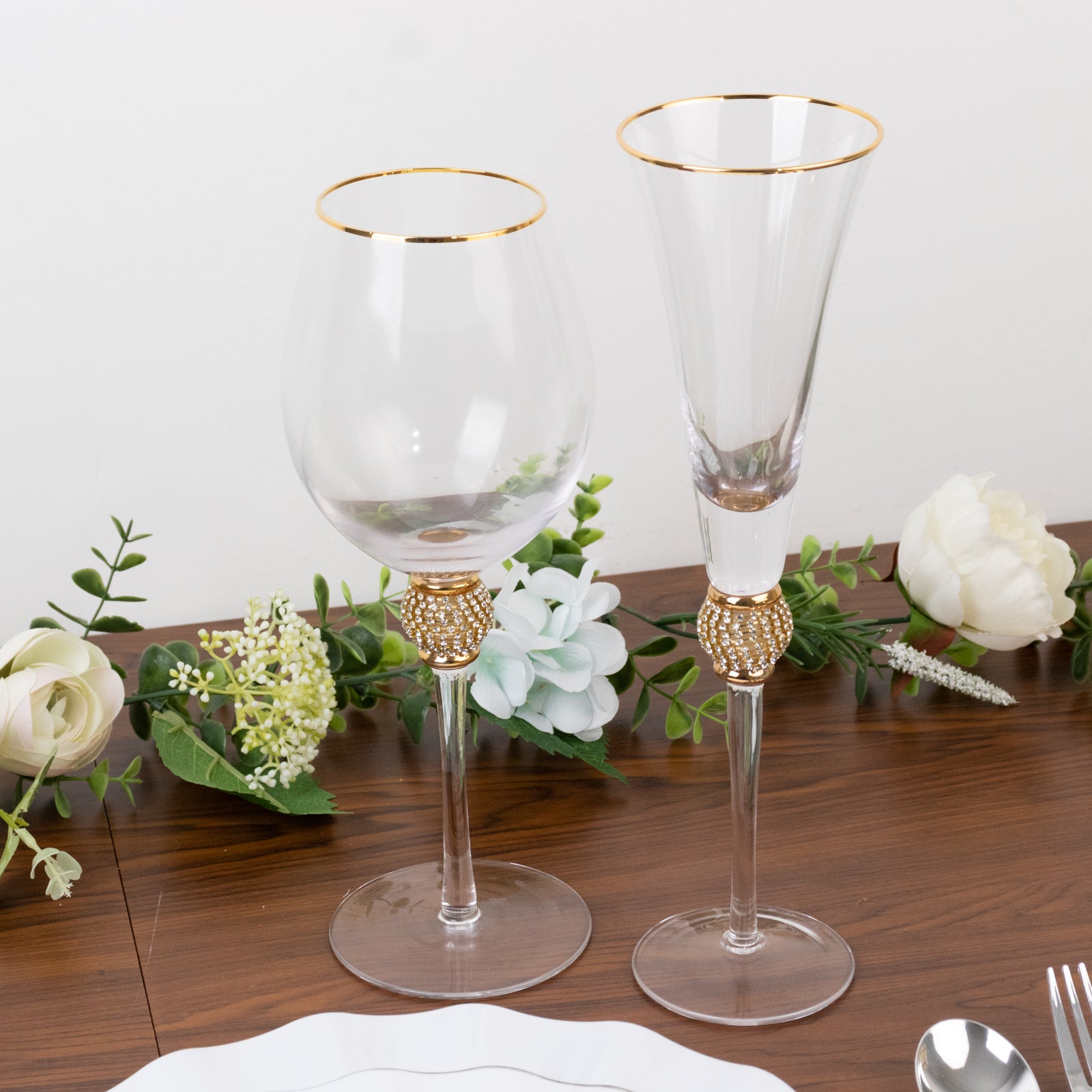 Hot Deal! 6-Pack Clear Champagne Flute Glasses with Gold Rim and Studded Rhinestones, 6oz 11"