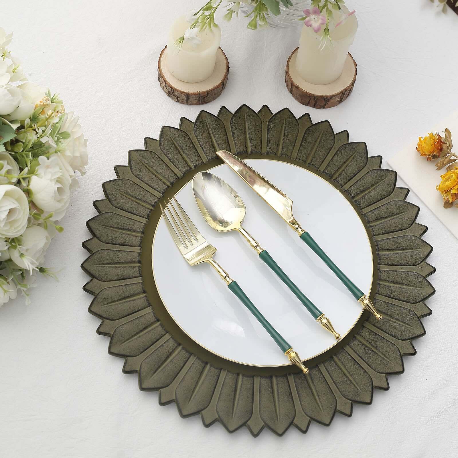6-Piece Set of 13-Inch Matte Olive Green Plastic Round Charger Plates with Sunflower Rim