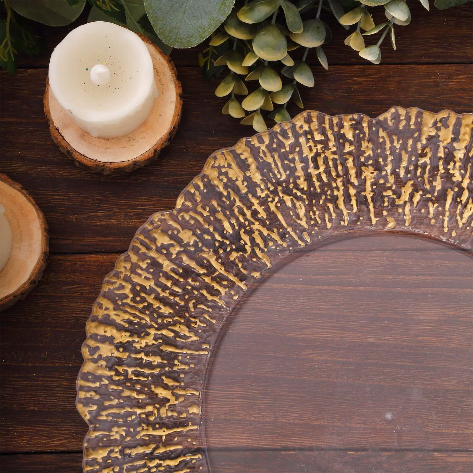 Hot Sale! 6-Pack 12-Inch Clear Plastic Round Charger Plates with Gold Brushed Scalloped Reef Rim for Party Serving