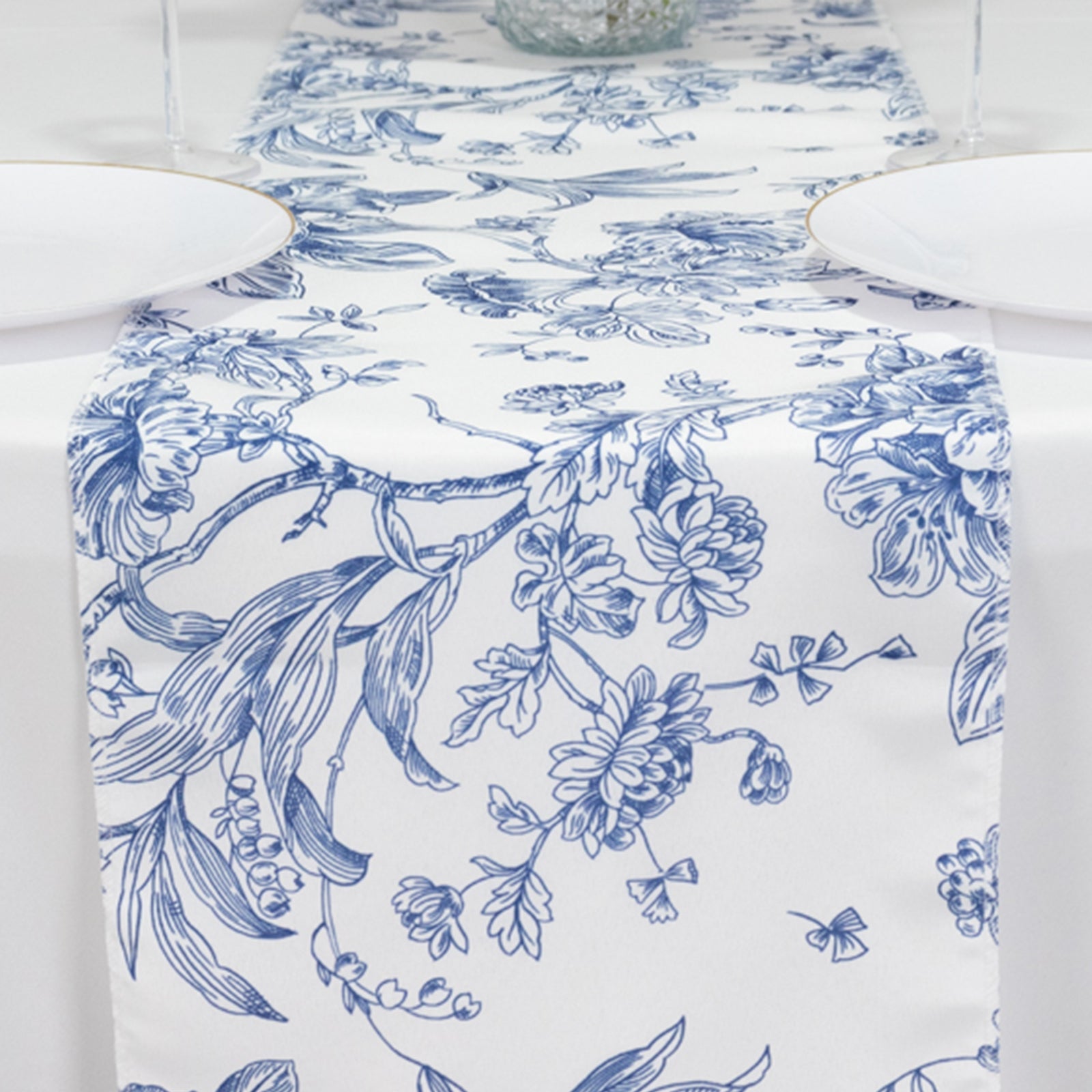 Stylish Reusable White & Blue French Toile Floral Print Polyester Table Runner 12x108 - Perfect for Decor