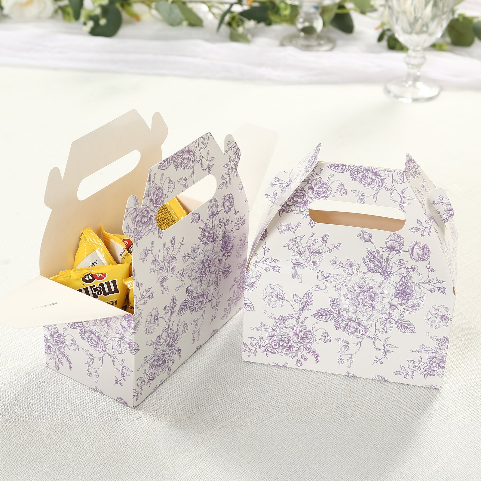 25-Pack Matte Lavender and White French Toile Pattern Candy Tote Gable Boxes in Cardstock