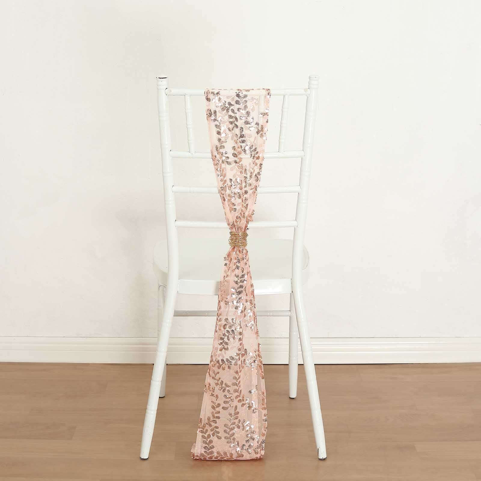 Hot Deal! 5-Piece Rose Gold Tulle Chair Sashes with Leaf Vine Sequin Embroideries, 6x88 Inches