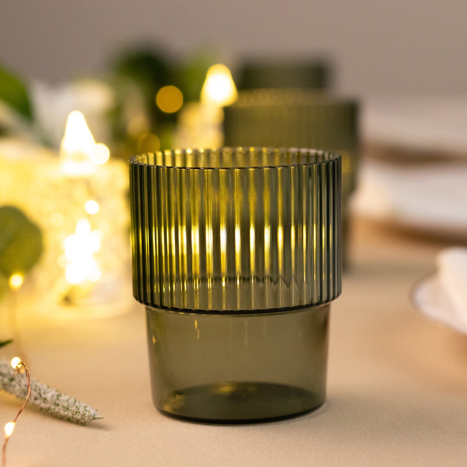 12-Pack Stackable 7oz Reusable Plastic Short Drinking Glasses in Hunter Emerald Green with Ribbed Pattern - Great Value!