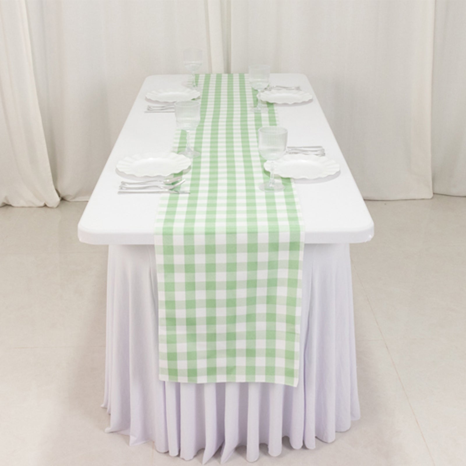 Hot Sale! 14x108 Polyester Table Runner in Sage Green and White Gingham Plaid Design
