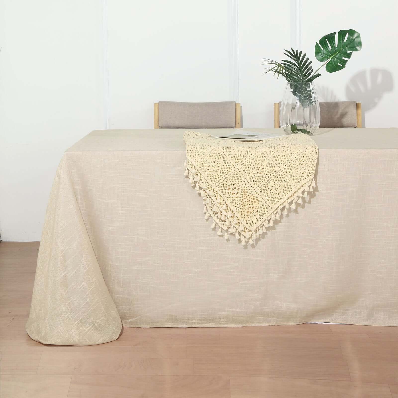 Beige Faux Linen Rectangular Tablecloth - Wrinkle-Resistant, Slubby Texture