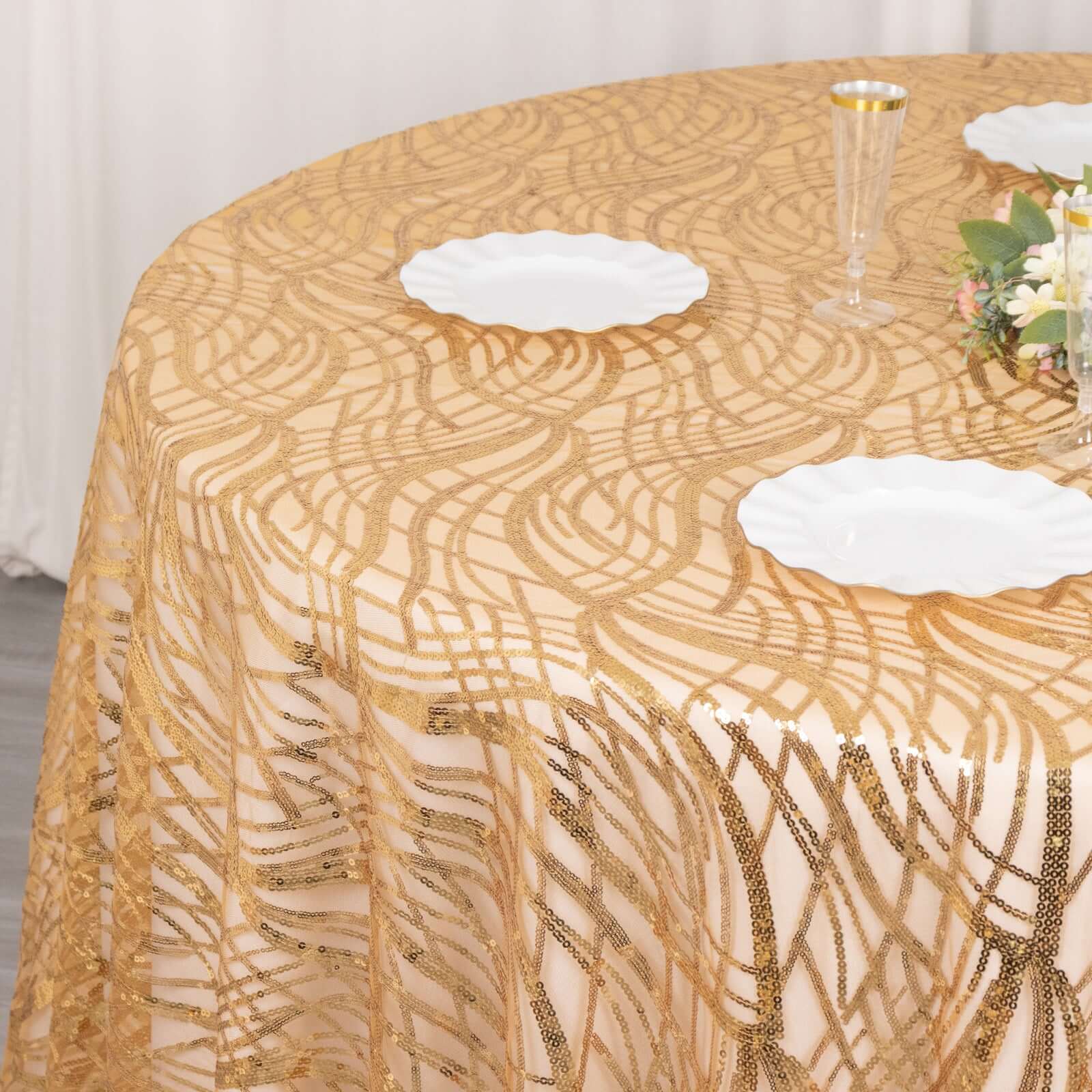 120' Gold Sequin Mesh Round Tablecloth with Seamless Wave Embroidered Design for Events