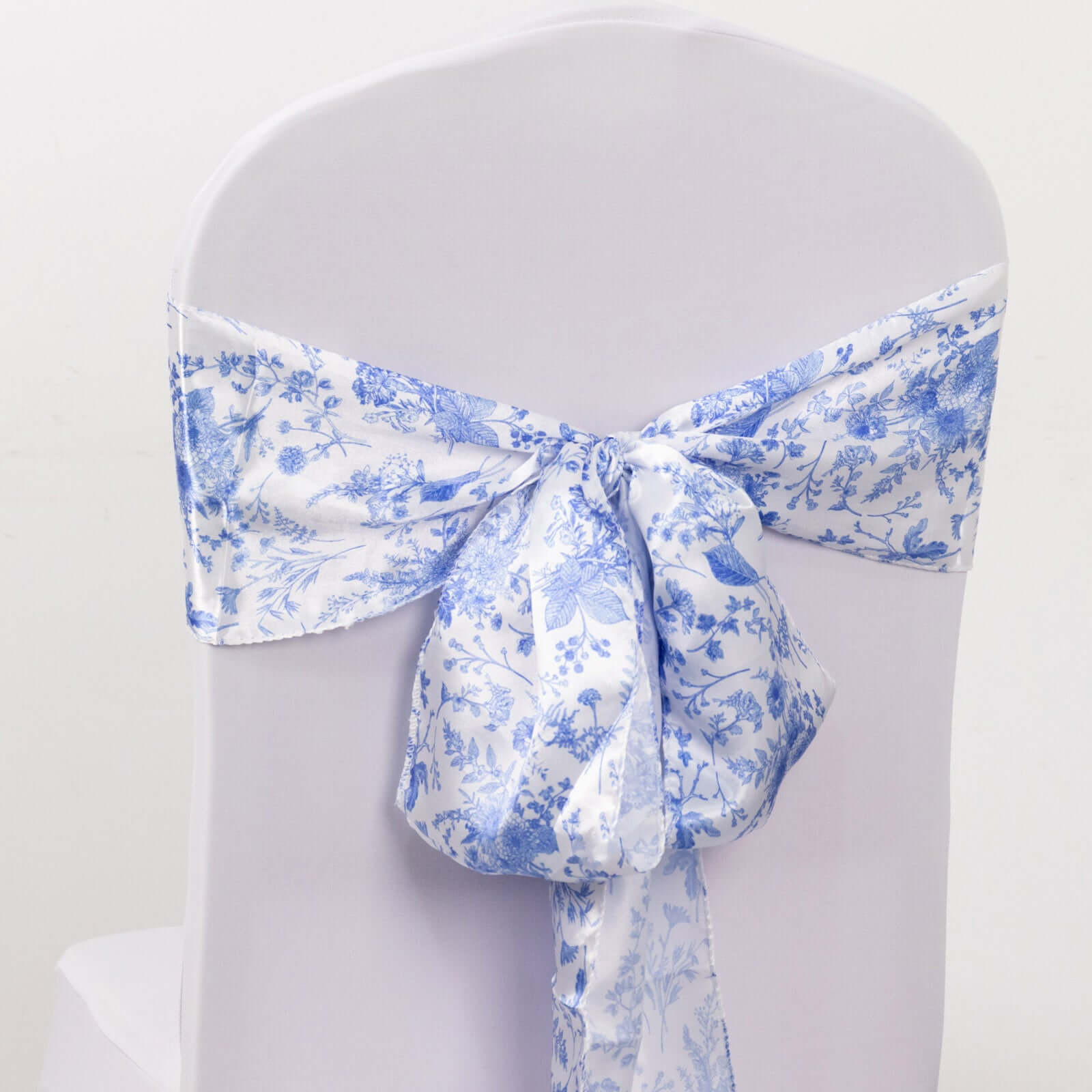 Special Offer! 5-Piece Set of Wrinkle-Resistant, Reusable Satin Chair Sashes in White/Blue French Toile Floral Design