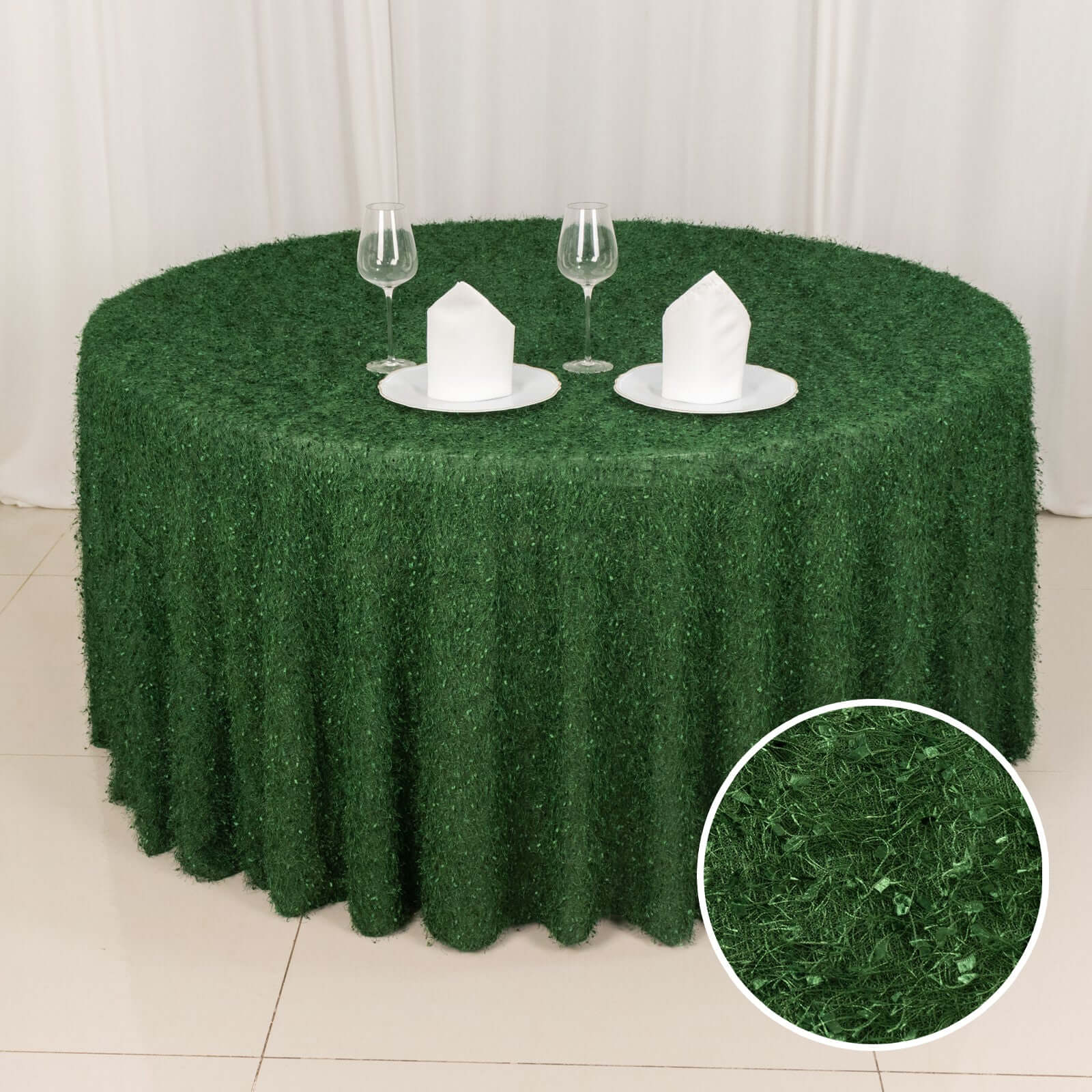Premium Green Polyester 120 Round Tablecloth with Shaggy Fringe