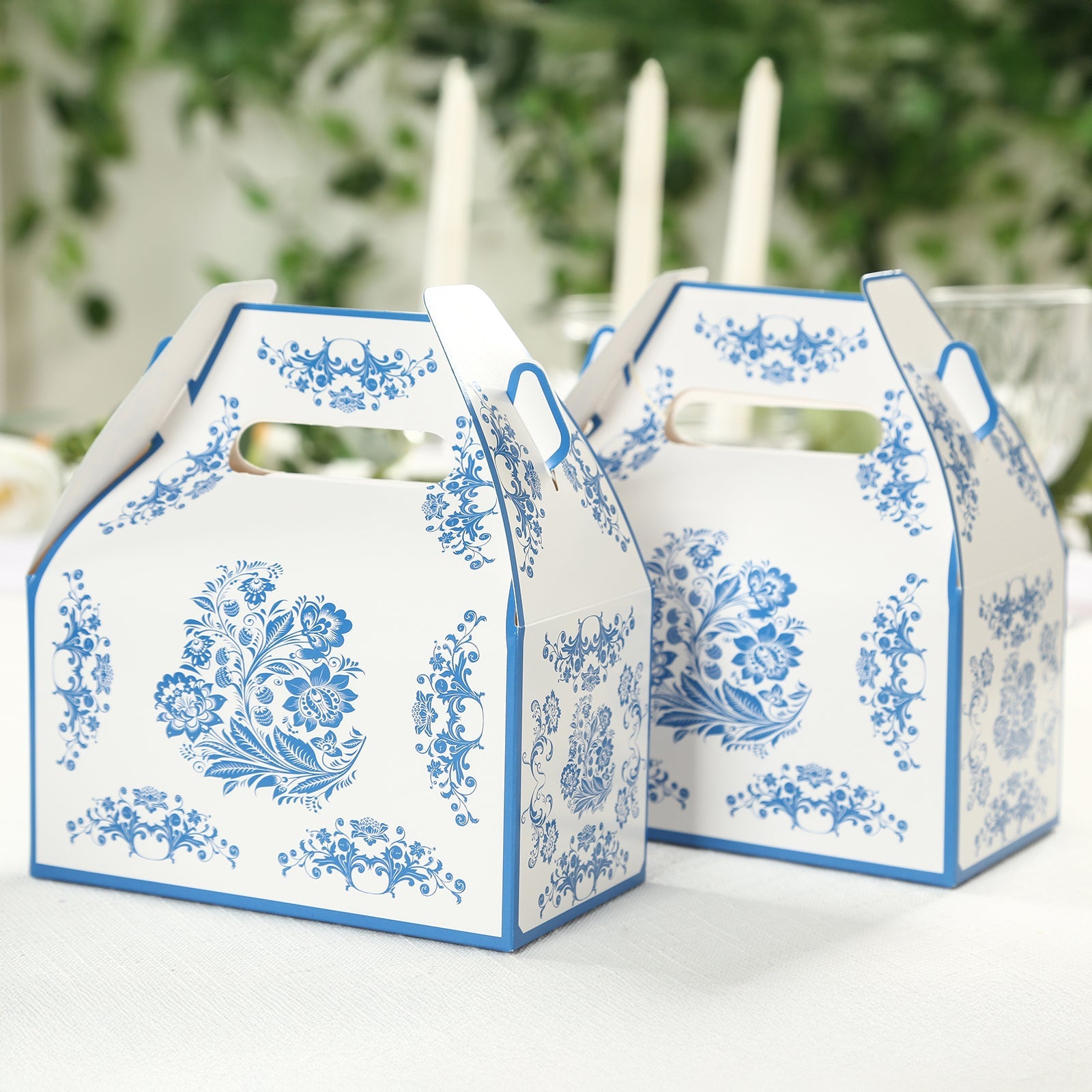25-Pack White and Royal Blue Floral Damask Tote Gable Party Favor Candy Gift Boxes