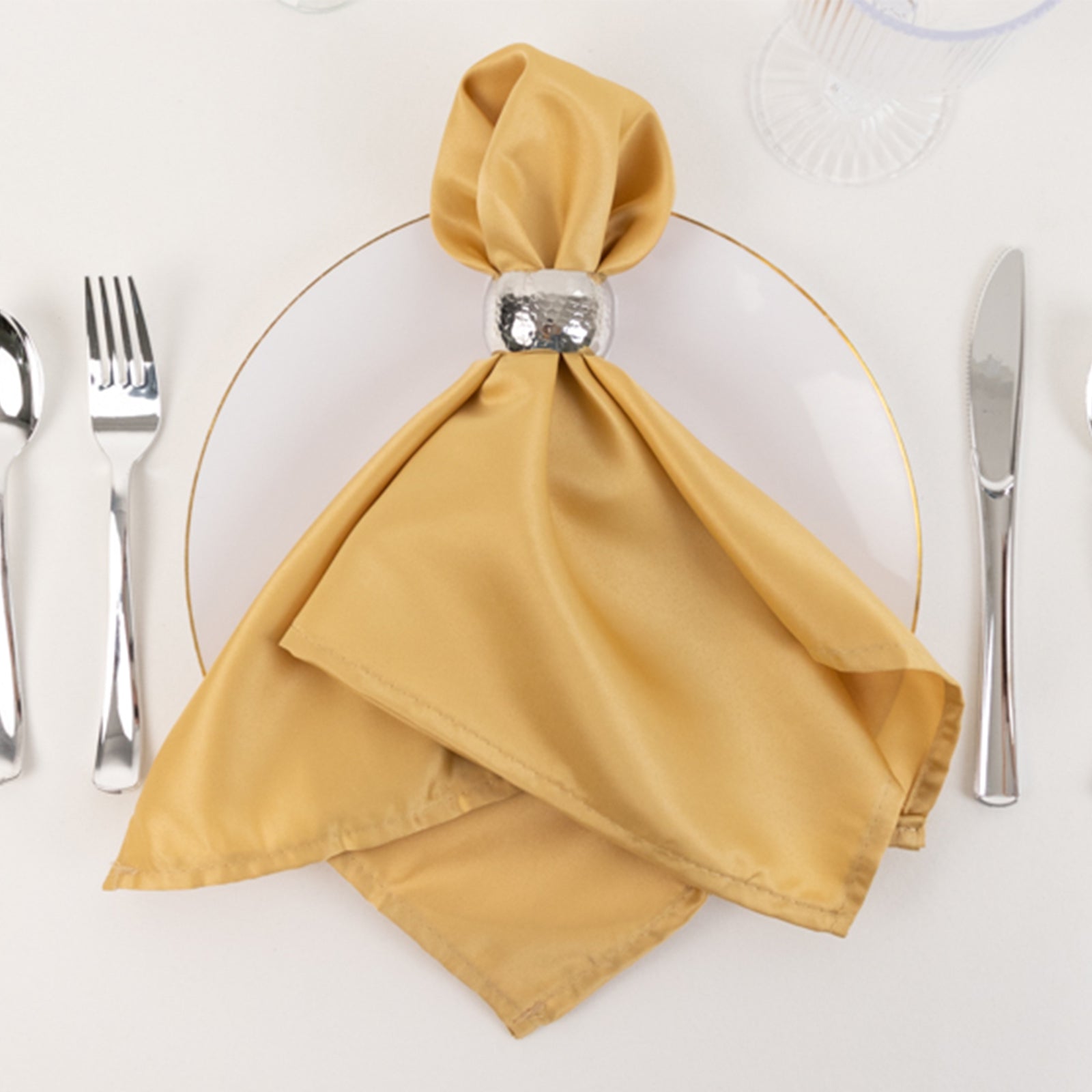 Get 5-Pack of Lamour Satin Dinner Napkins in Champagne, 20x20 Size