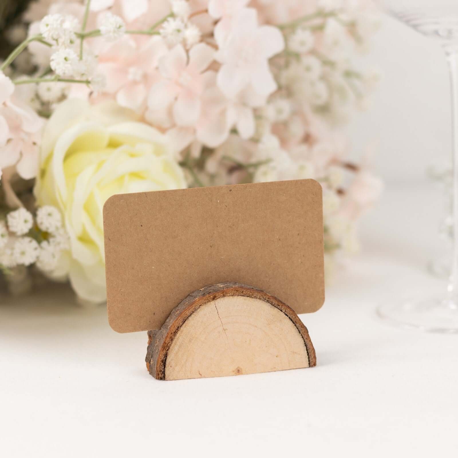 Set of 10 Natural Wood Place Card Holders with Brown Paper - Rustic Semicircle Design for Wedding Table Numbers