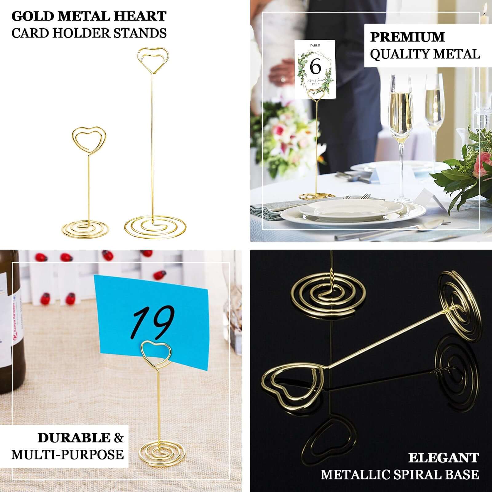 10-Pack Gold Metal Heart Design Card Holders - Ideal for Wedding Table Numbers and Menu Clips