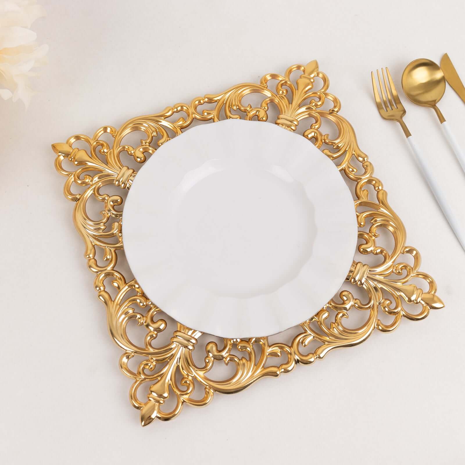Hot Sale! 6-Piece Set of 12-Inch Gold Acrylic Square Charger Plates with Hollow Lace Border for Event Decor