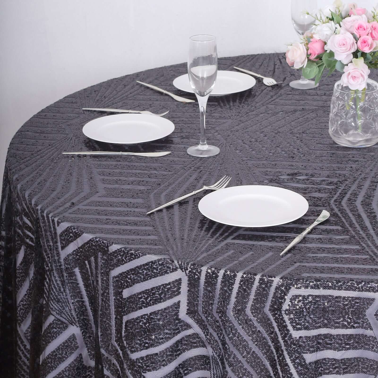 Black Seamless Diamond Glitz 120 Round Sequin Tablecloth - Perfect for Special Events