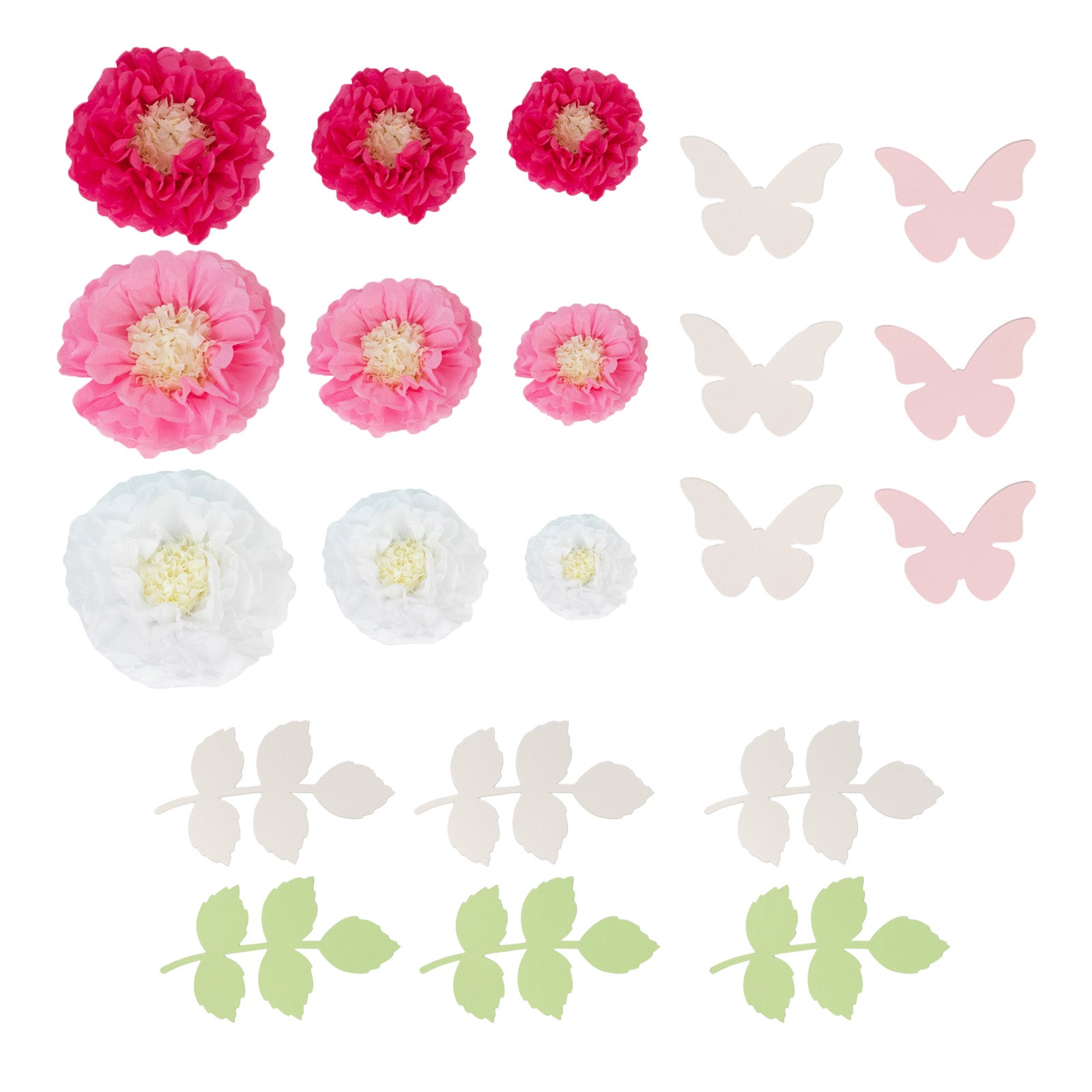 Hot! Set of 21 Tissue Paper Chrysanthemum Pom Poms Decor Kit - White & Pink with Butterflies & Olive Leaves