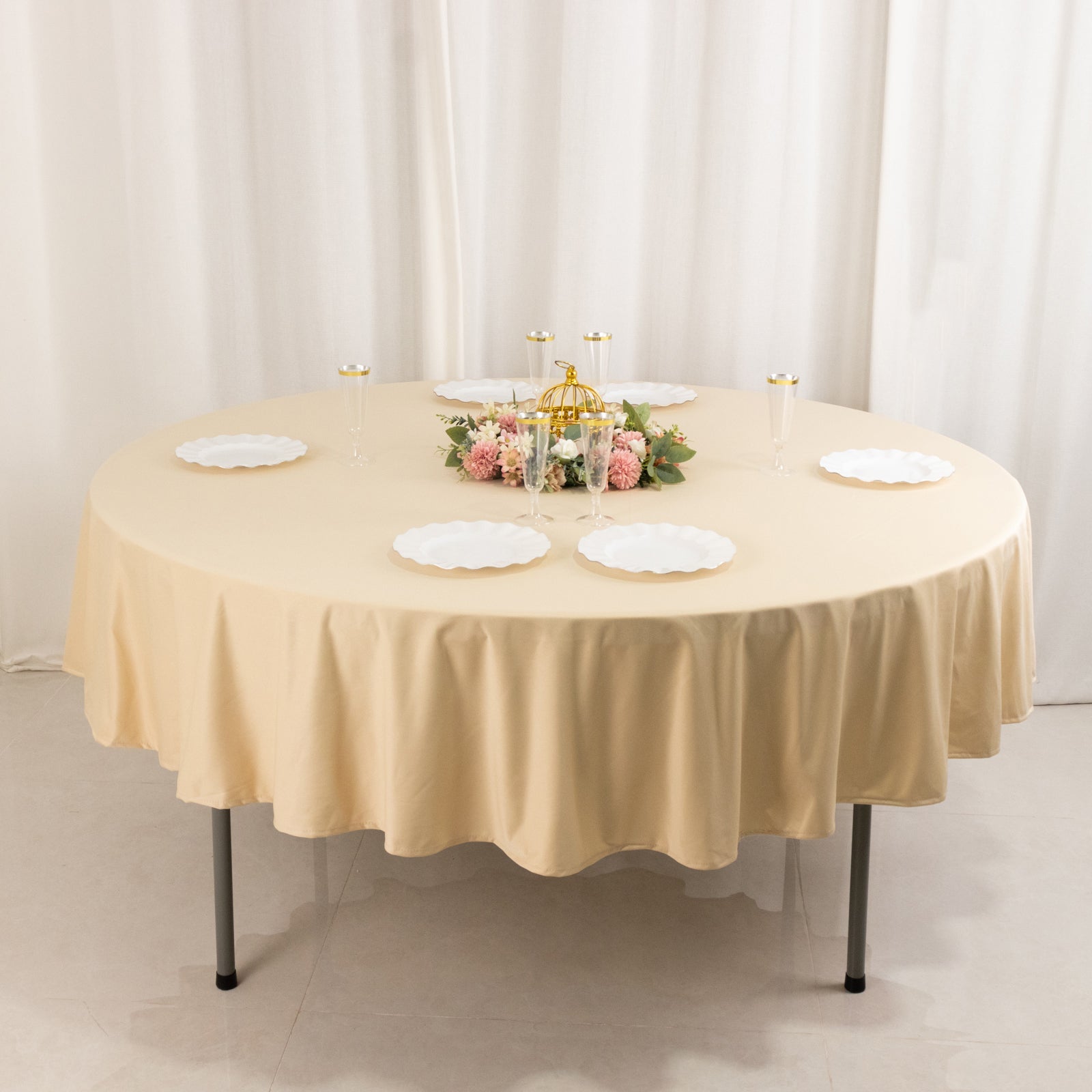 Hot Sale! Premium Beige 90' Round Scuba Polyester Wrinkle & Stain Free Tablecloth