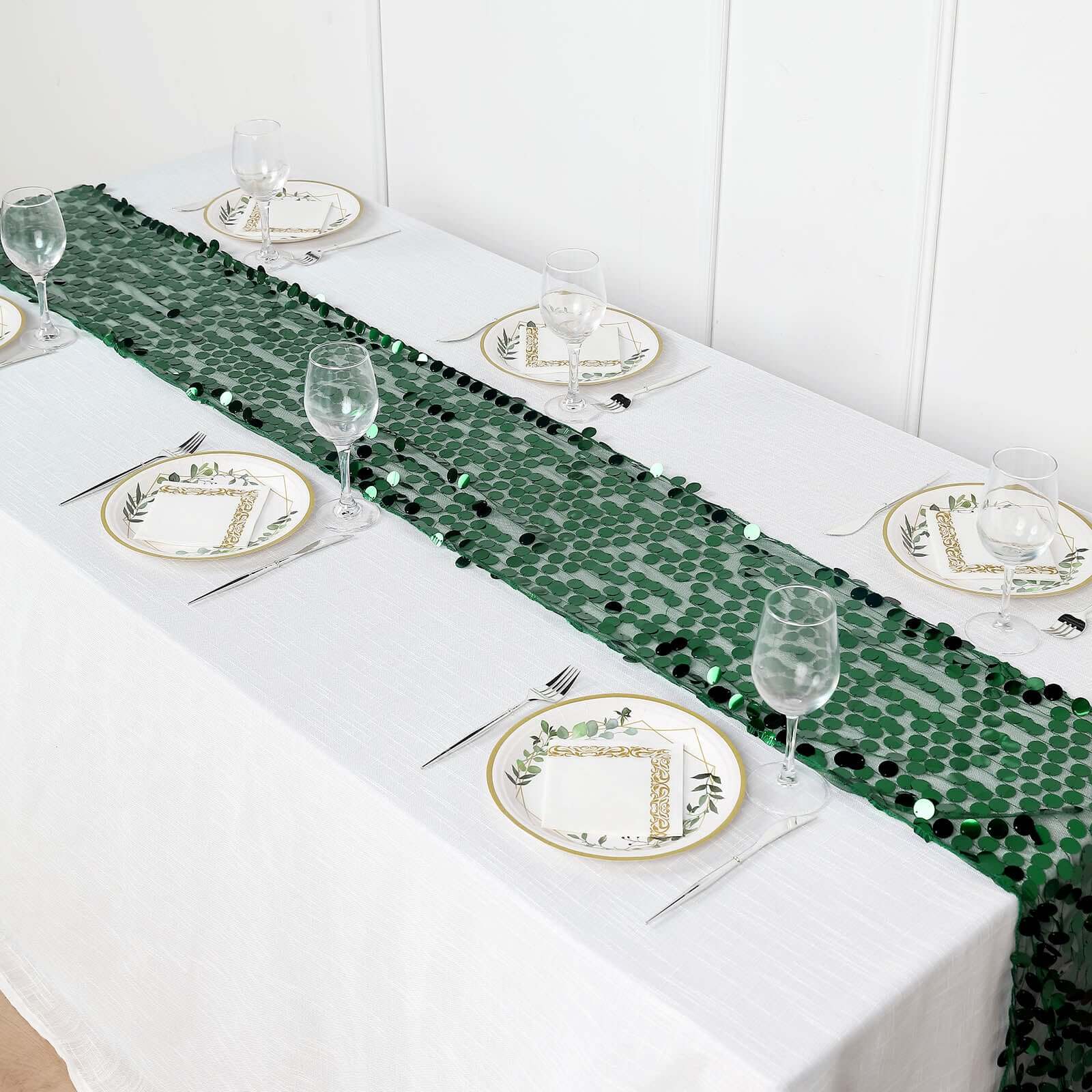 13x108 Hunter Emerald Green Big Payette Sequin Table Runner - Stunning Design
