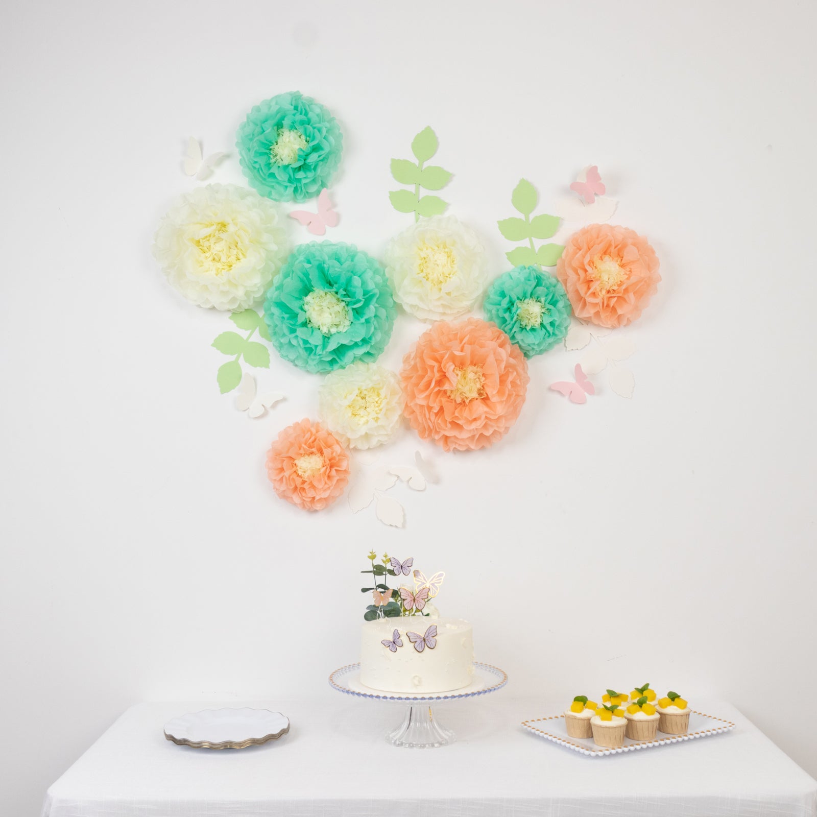 Hot! 21-Piece Tissue Paper Flower Pom Poms Decor Kit - Cream Peach 3D Chrysanthemum Wall Decor with Butterflies & Olive Leaves