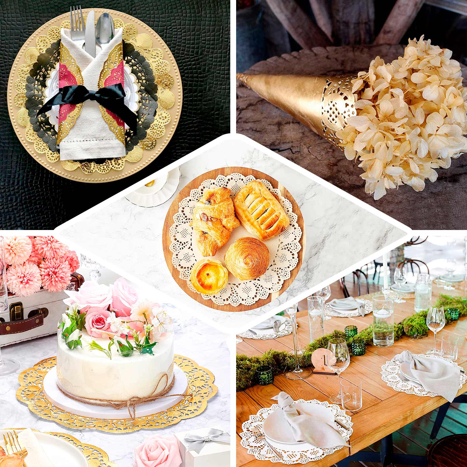 50 Pieces of 12-Inch Gold Food-Grade Lace Paper Round Placemats for Dessert & Table Decor