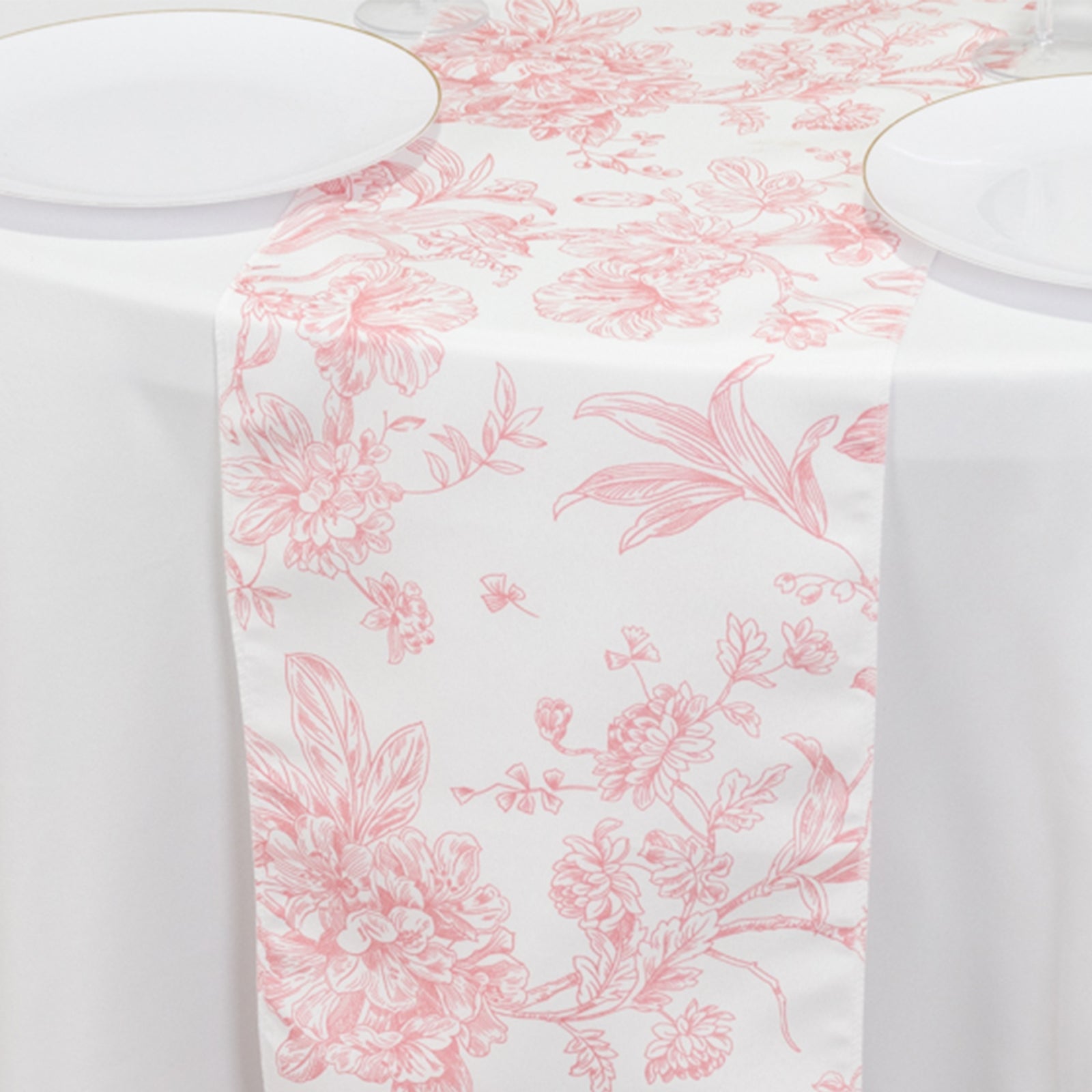 Hot Sale! Reusable White Polyester Table Runner with Pink French Toile Floral Print, 12x108