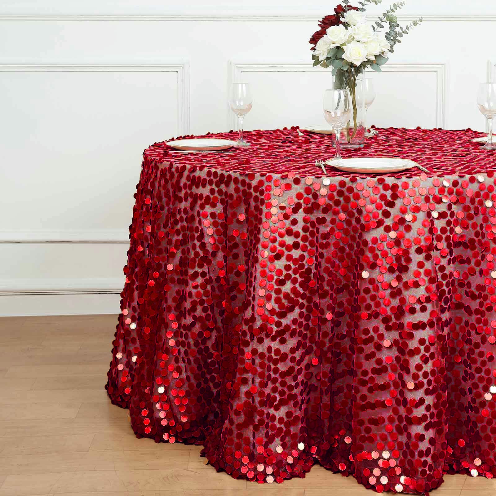 Red Sequin 120-inch Round Seamless Tablecloth with Payette Design