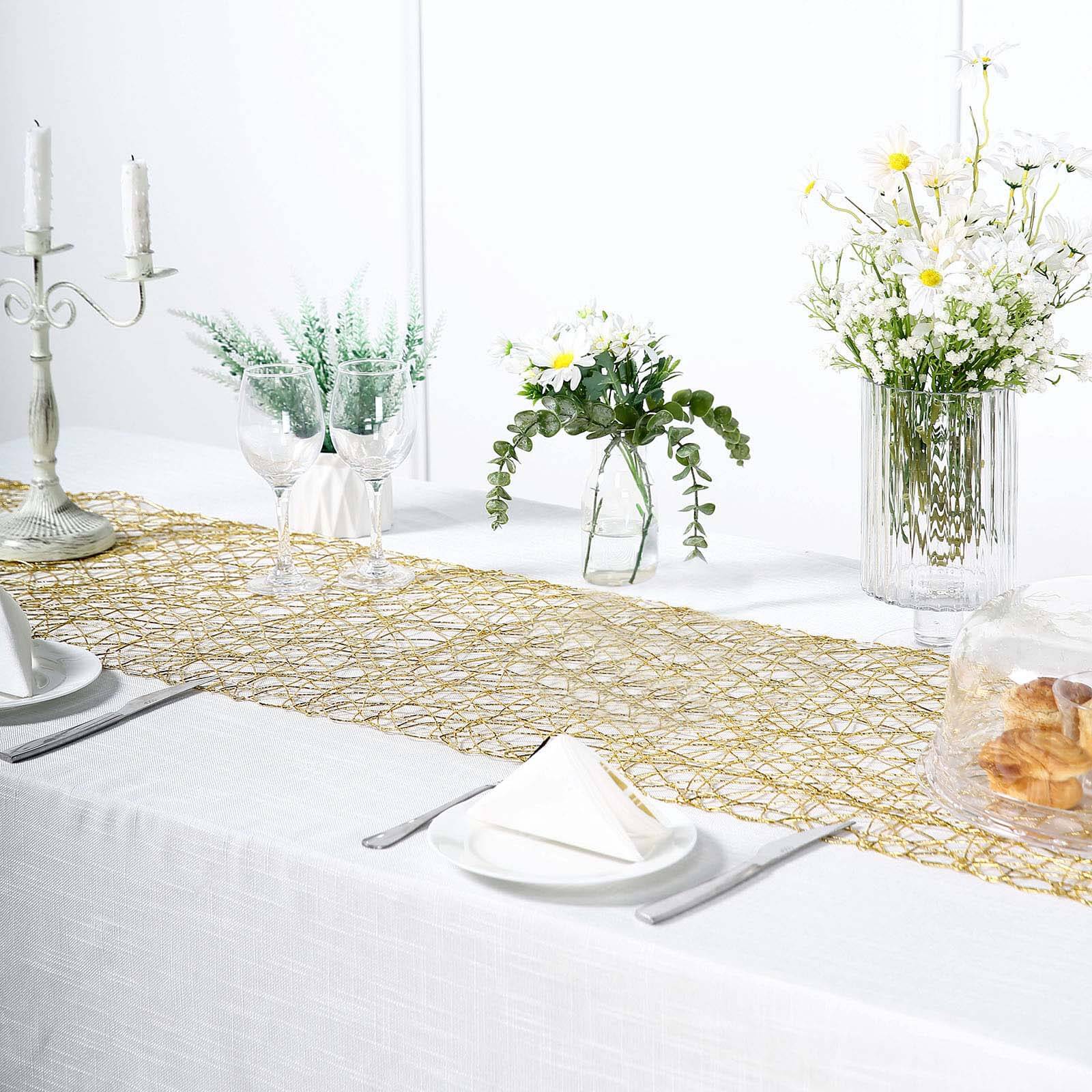 Hot Sale! 16x72 Gold Foil Wrapped Metallic String Woven Table Runner for Decor