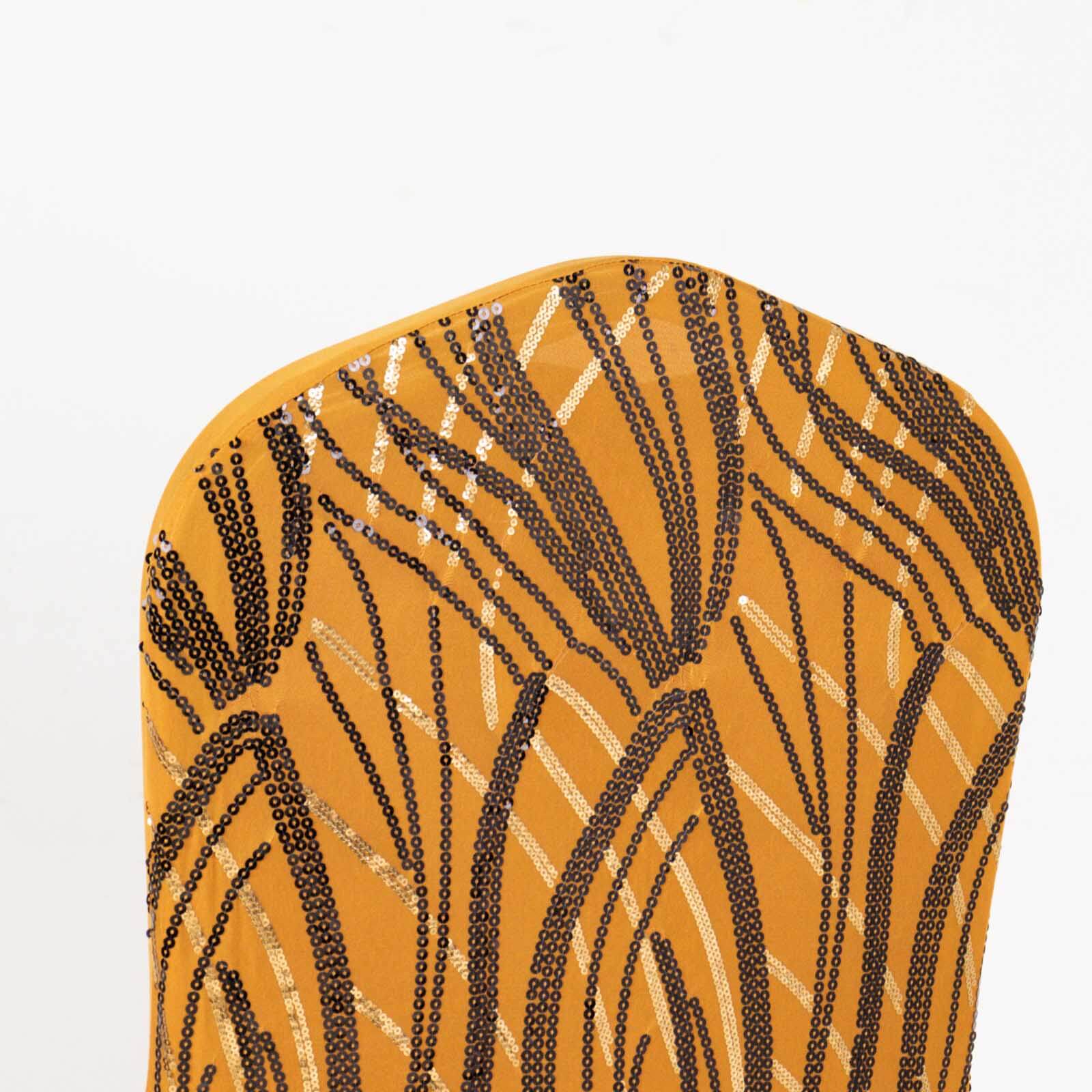 Hot! Gold/Black Glittering Spandex Chair Cover with Wave Embroidered Sequins for Banquets