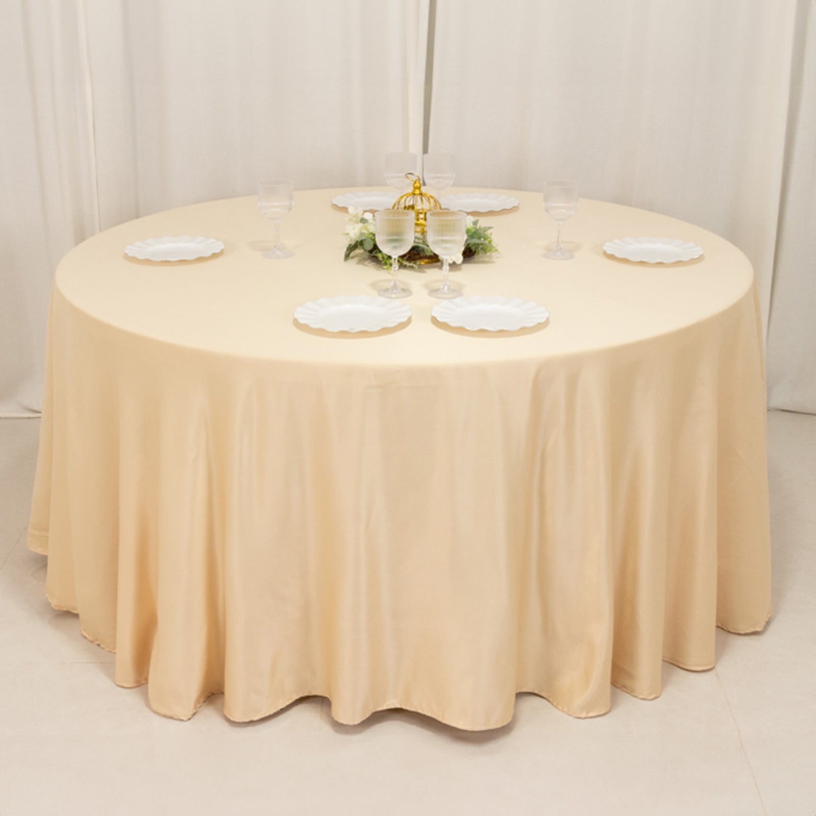Exclusive Lamour Satin 120-Inch Round Beige Tablecloth - Seamless with Soft Sheen