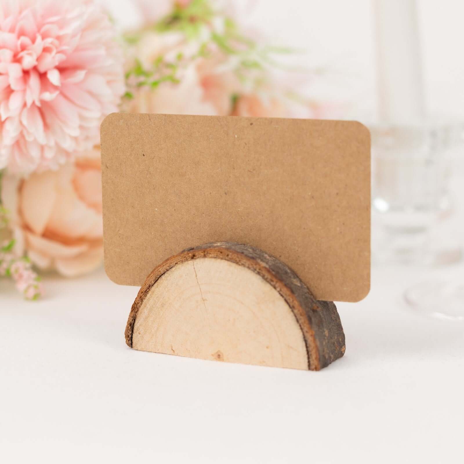 Set of 10 Natural Wood Place Card Holders with Brown Paper - Rustic Semicircle Design for Wedding Table Numbers