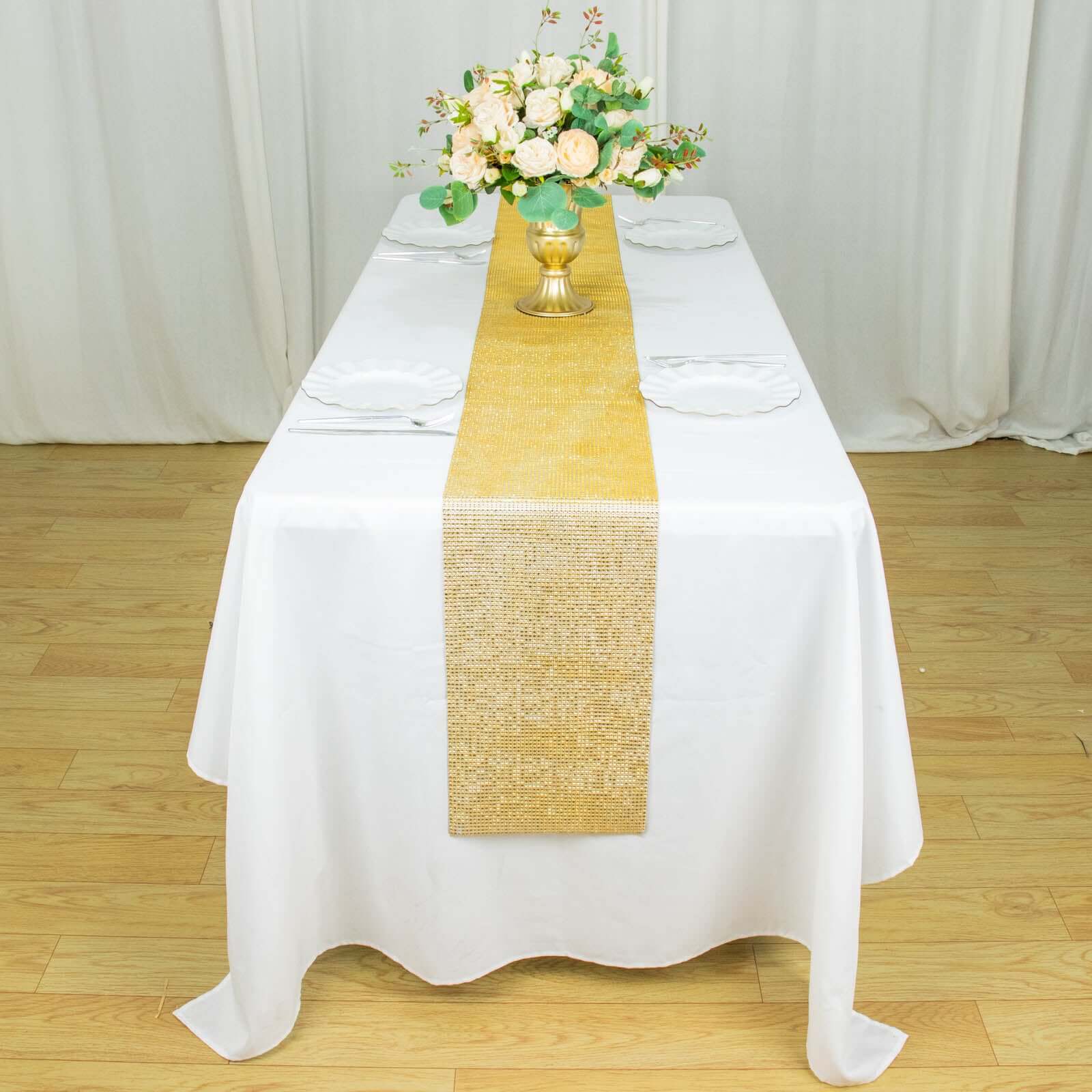 Hot Sale! 10x108 Gold Plastic Table Runner with Luxurious Diamond Mesh Shine