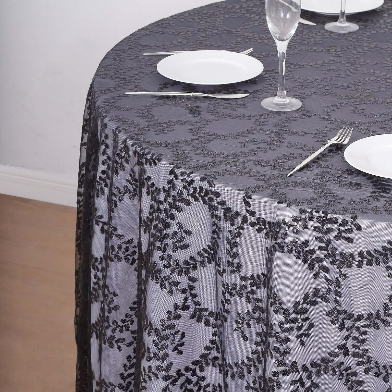 Sparkling Seamless Black Tulle Round Tablecloth with Leaf Embroidered for Special Events