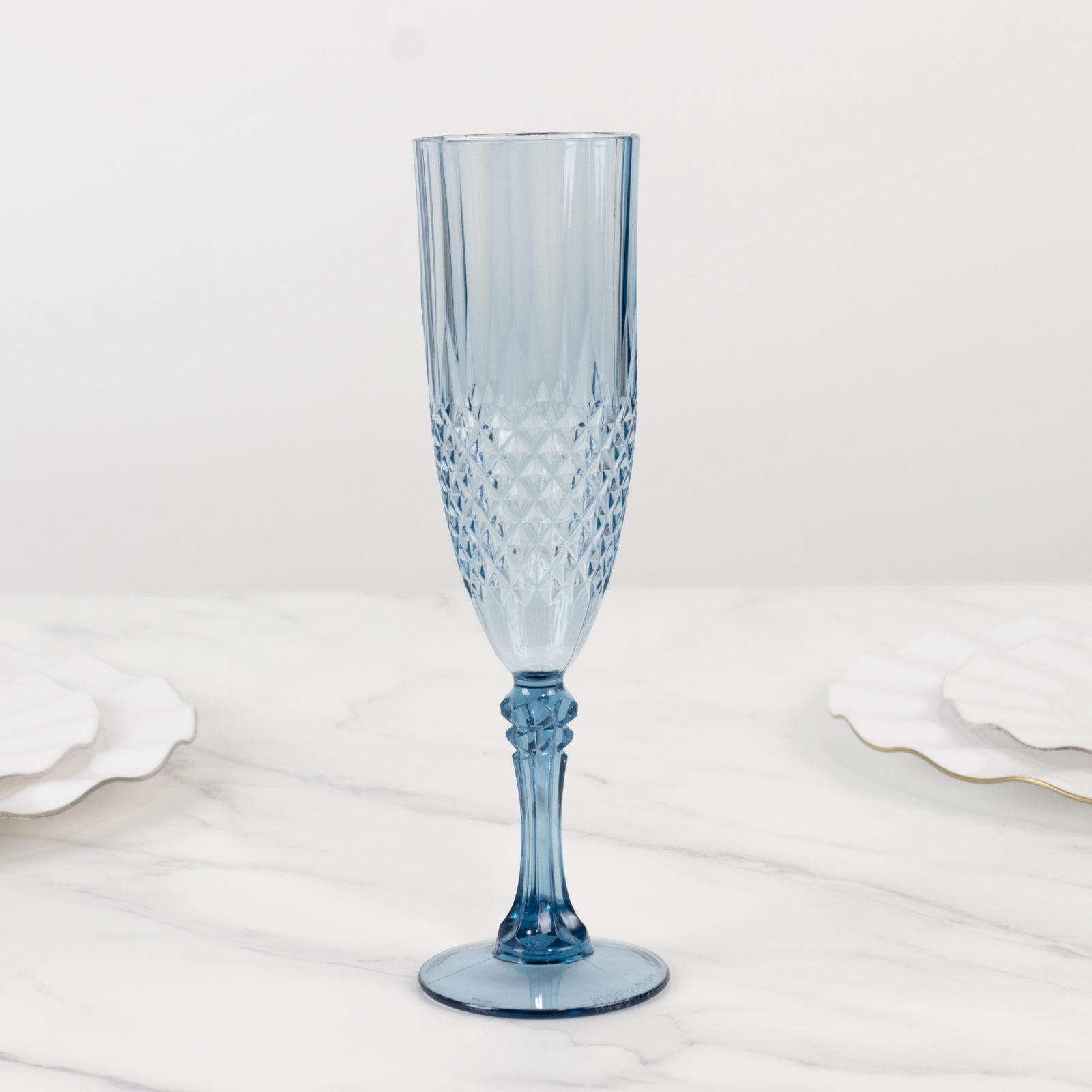 8oz Reusable Dusty Blue Plastic Wedding Toast Flutes with Crystal Cut Style - 6 Pack