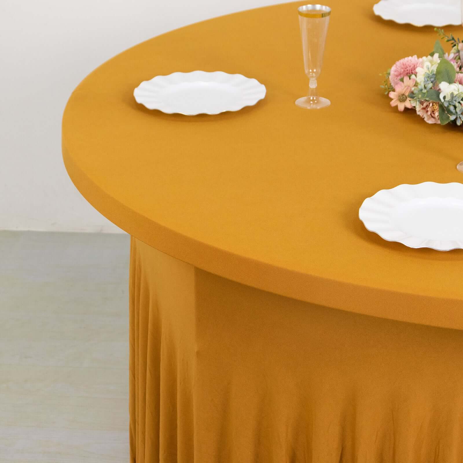 6ft Gold Spandex Round Table Skirt with Wavy Design for Weddings & Events