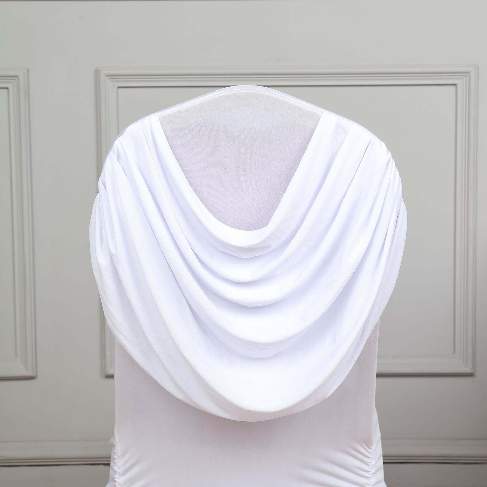Stylish White Spandex Banquet Chair Cover with Ruched Swag Back & Foot Pockets for Weddings