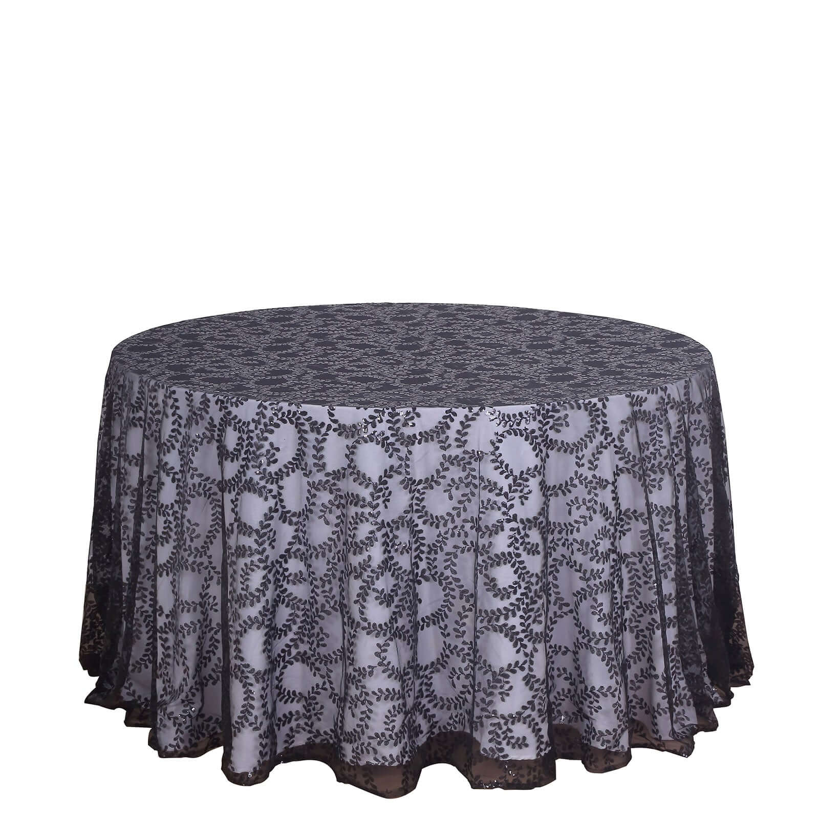 Sparkling Seamless Black Tulle Round Tablecloth with Leaf Embroidered for Special Events