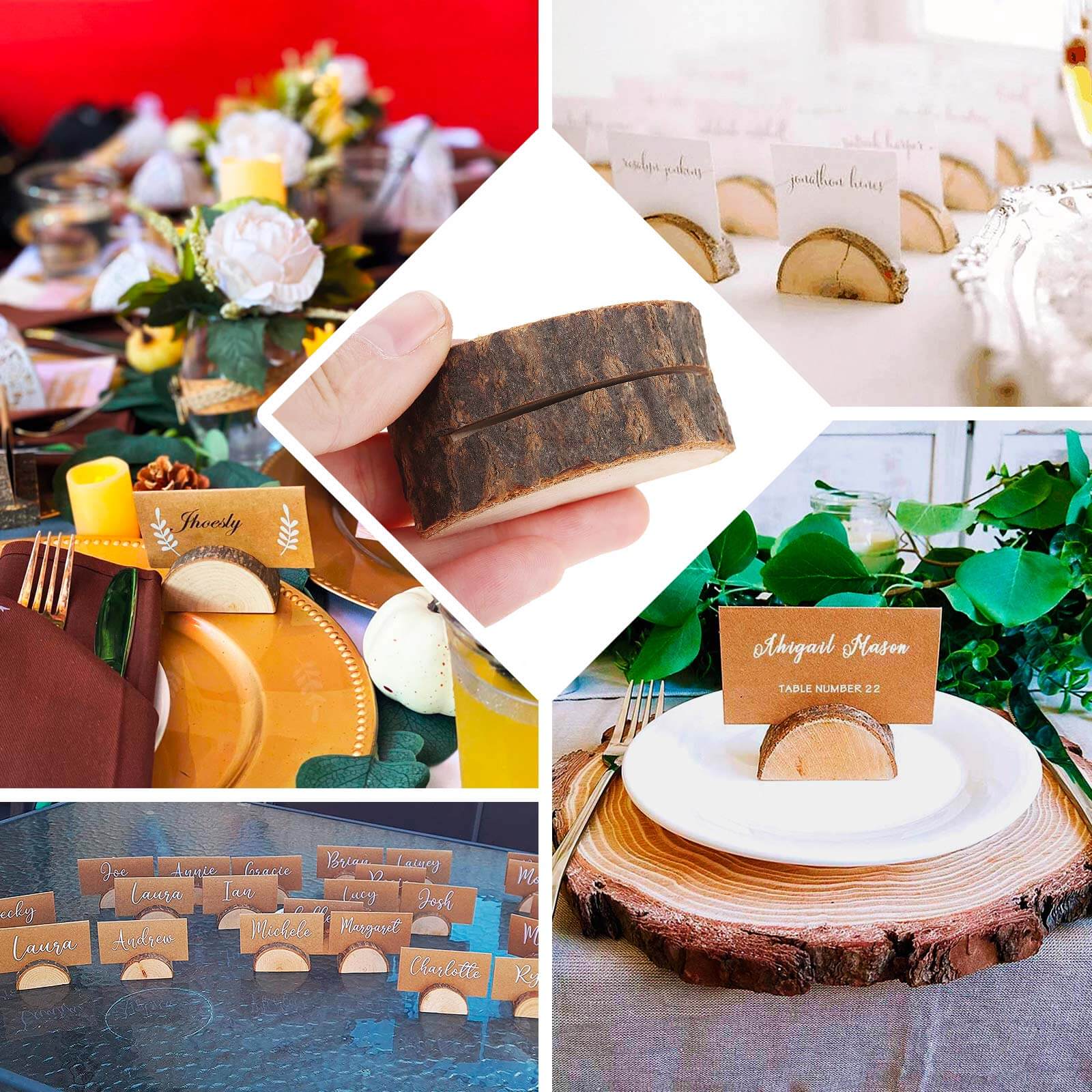 Set of 10 Natural Wood Place Card Holders with Brown Paper - Rustic Semicircle Design for Wedding Table Numbers