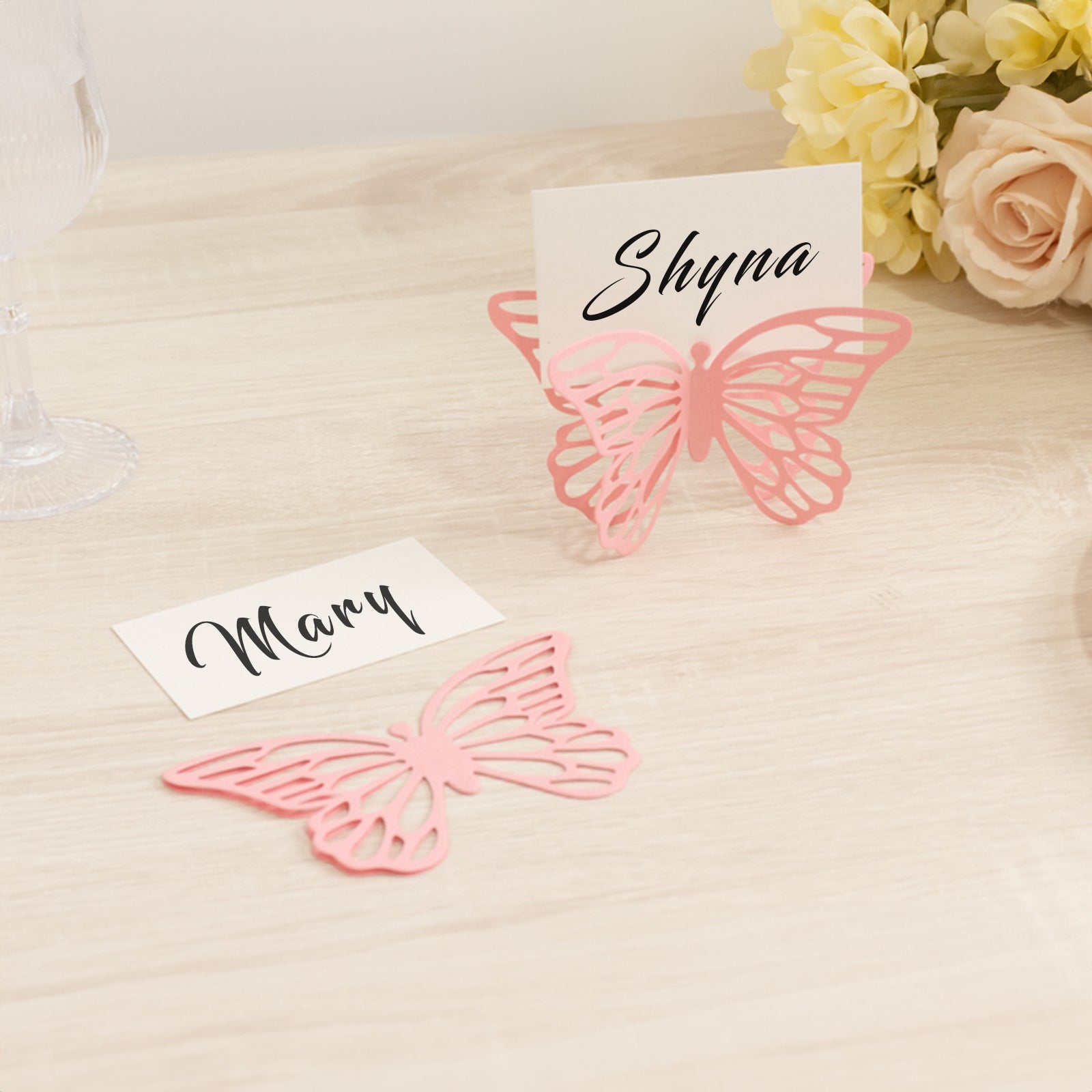 25-Pack Pink Paper Butterfly Place Card Holders with Printable White Cards - 3D Free Standing Table Number Stands (3x5) - High Quality Deal