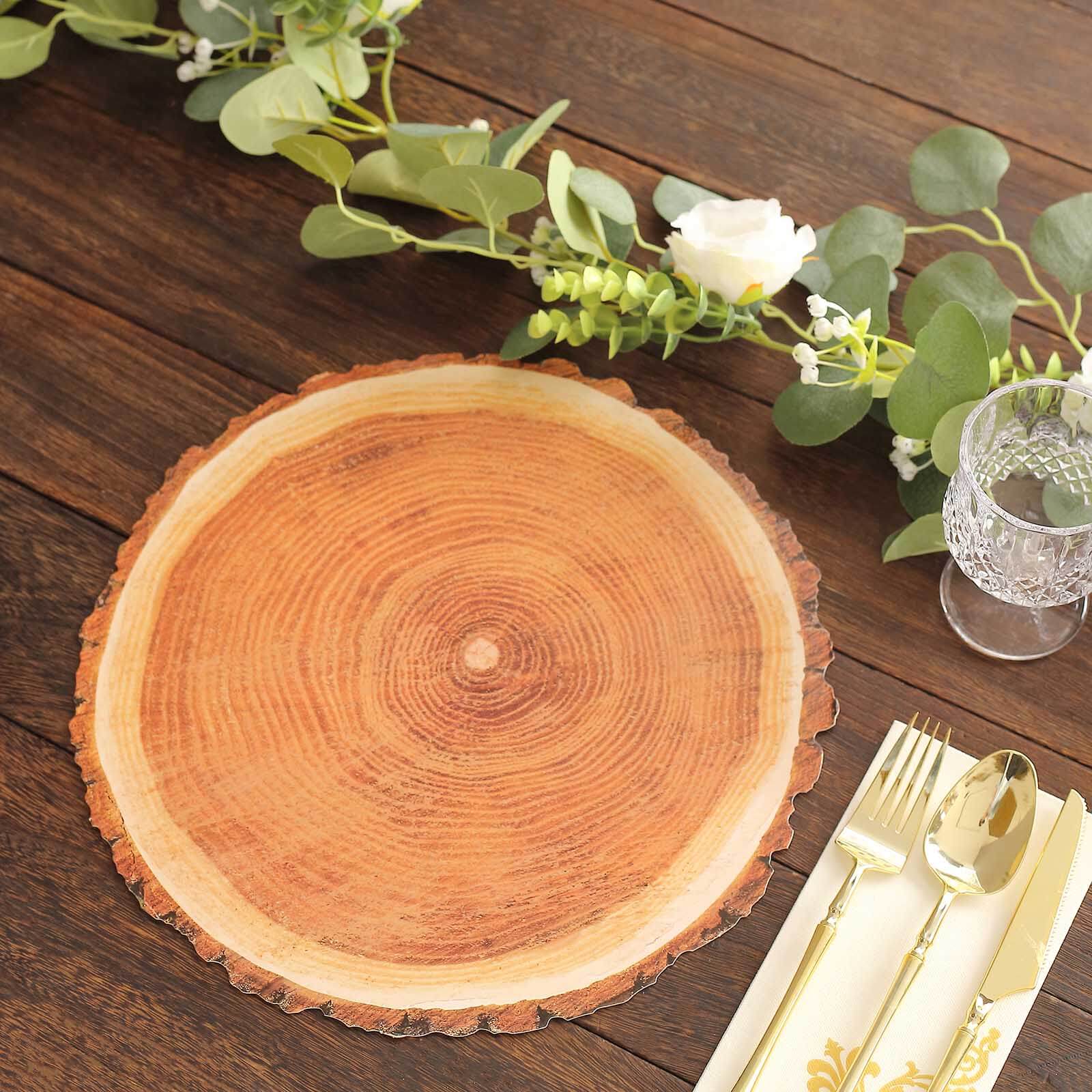 6-Pack Premium Disposable Round Cardboard Placemats with Natural Wood Slice Print, 13" Diameter