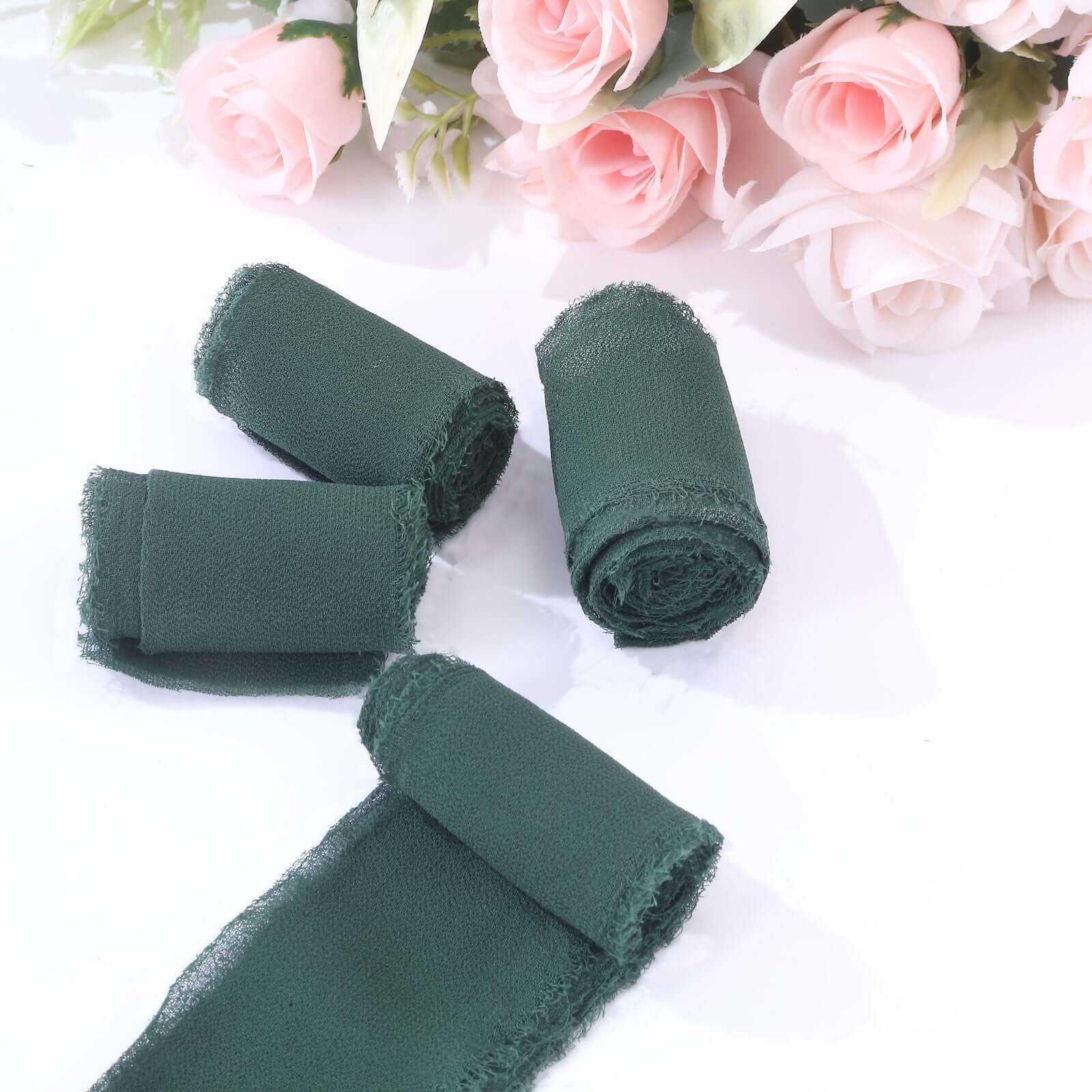 2-Pack Hunter Emerald Green Silk-Like Chiffon Ribbon Rolls for DIY Wedding Bouquets